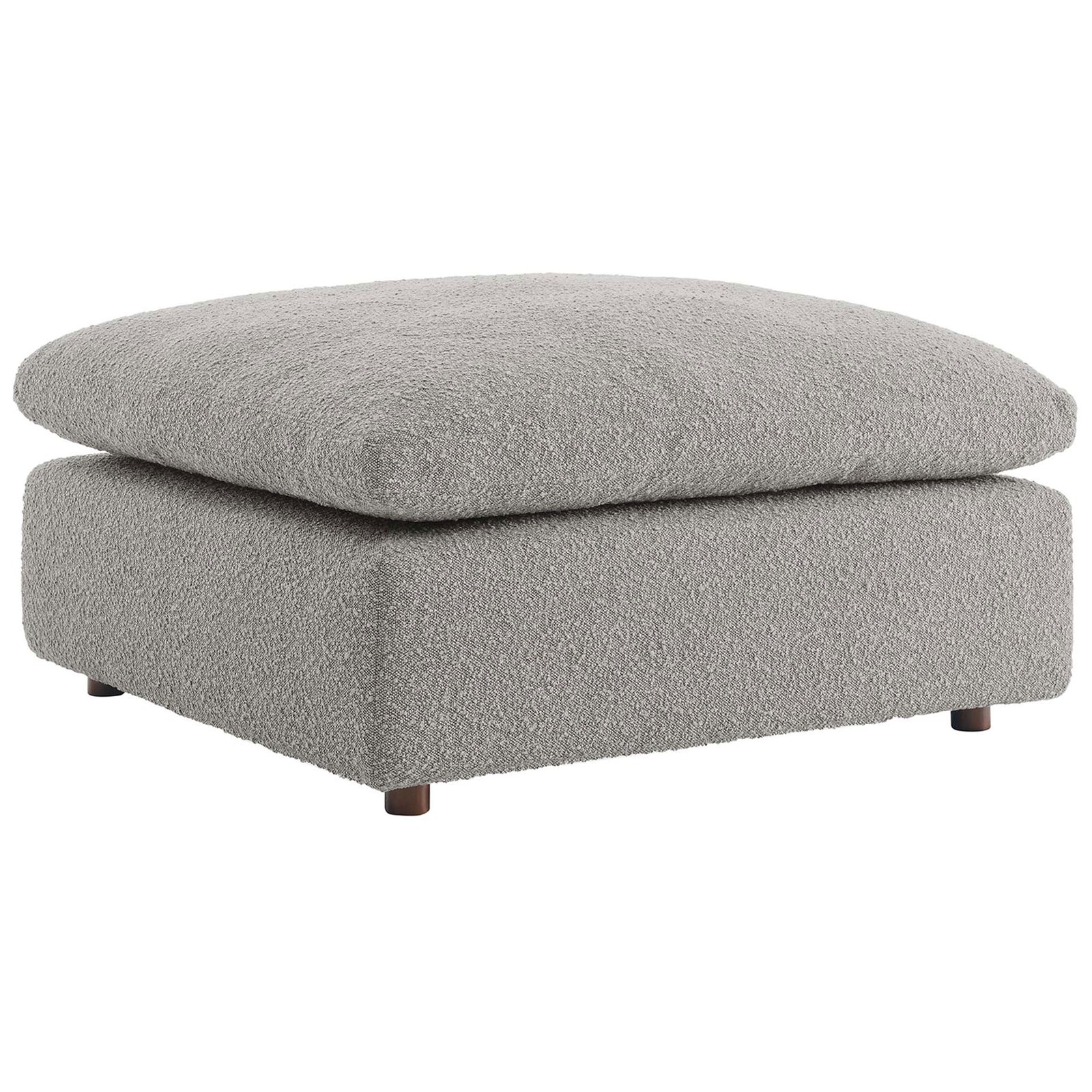 Plush light gray boucle ottoman with deep, sink-in cushion for relaxed modern living spaces || EEI-6258-LGR || front_angle_studio
