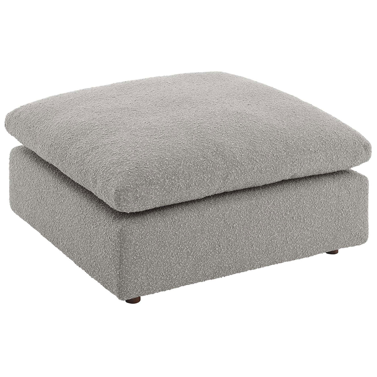 Generously sized square ottoman in light gray boucle fabric for flexible seating or a chaise-like footrest || EEI-6258-LGR || front_angle_studio
