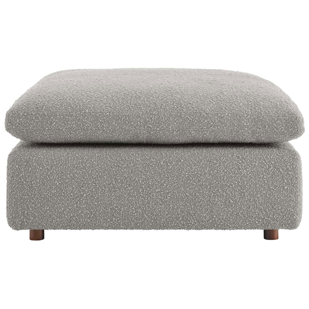 Light gray boucle ottoman with overstuffed cushion and low profile for modern lounging comfort || EEI-6258-LGR || front_studio