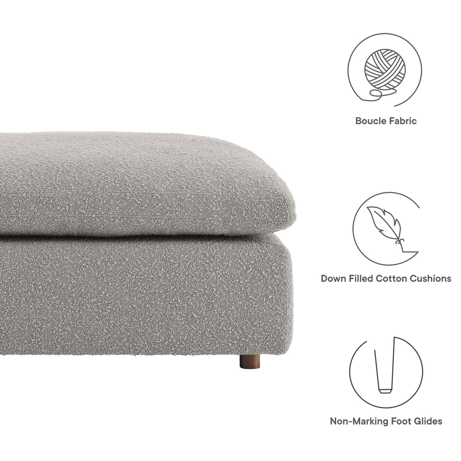 Light gray boucle ottoman with plush down cushions and non-marking foot glides for everyday family use || EEI-6258-LGR || callout_studio