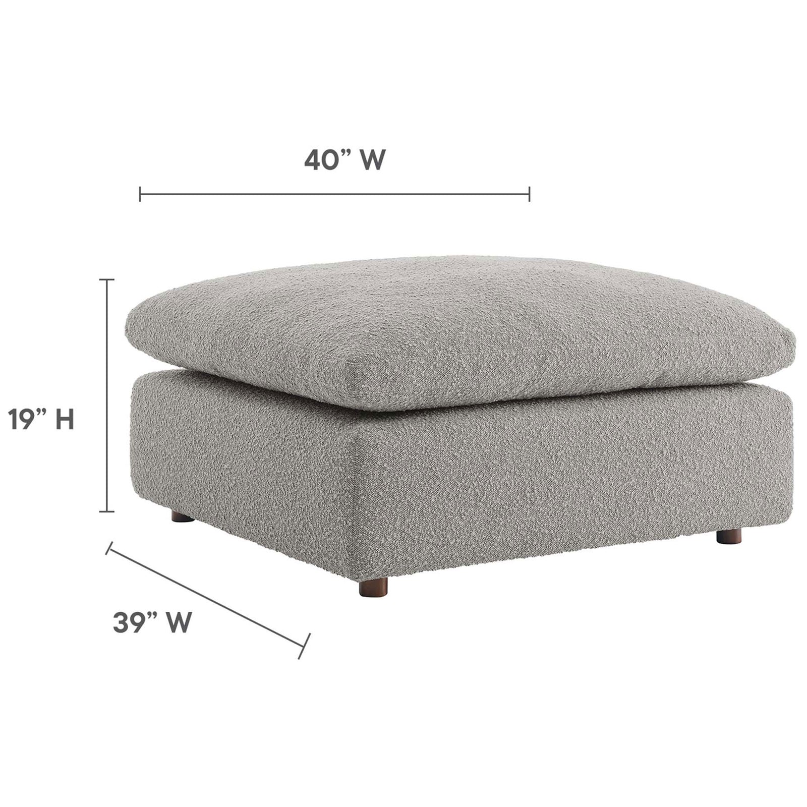 Spacious square ottoman in light gray boucle sized for generous lounging and versatile living room layouts || EEI-6258-LGR || dimension_studio