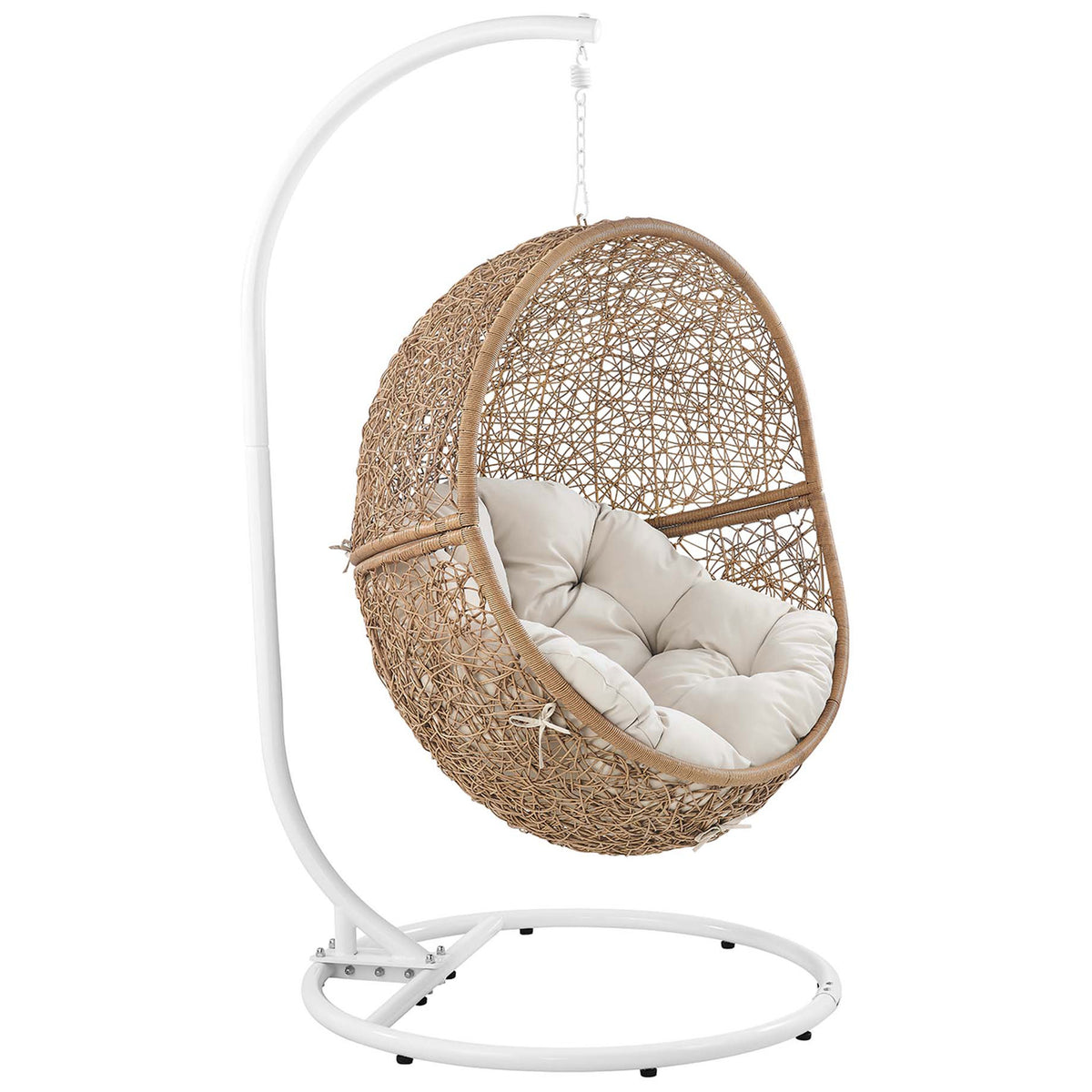 Open weave cappuccino rattan egg chair with cushioned beige seat hanging from a slim white stand. || EEI-6262-CAP-BEI || front_angle_studio