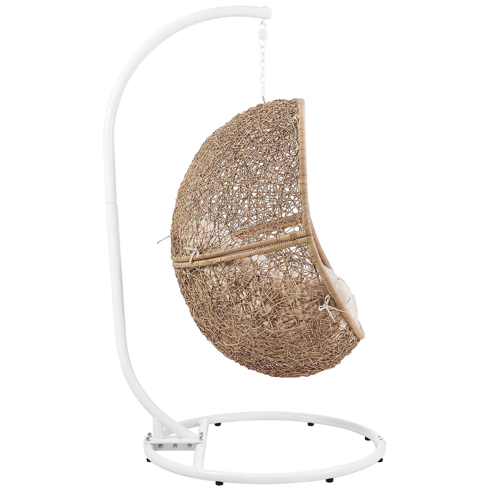 Curved cappuccino rattan basket cradles a deep beige cushion on a white freestanding swing frame. || EEI-6262-CAP-BEI || side_studio