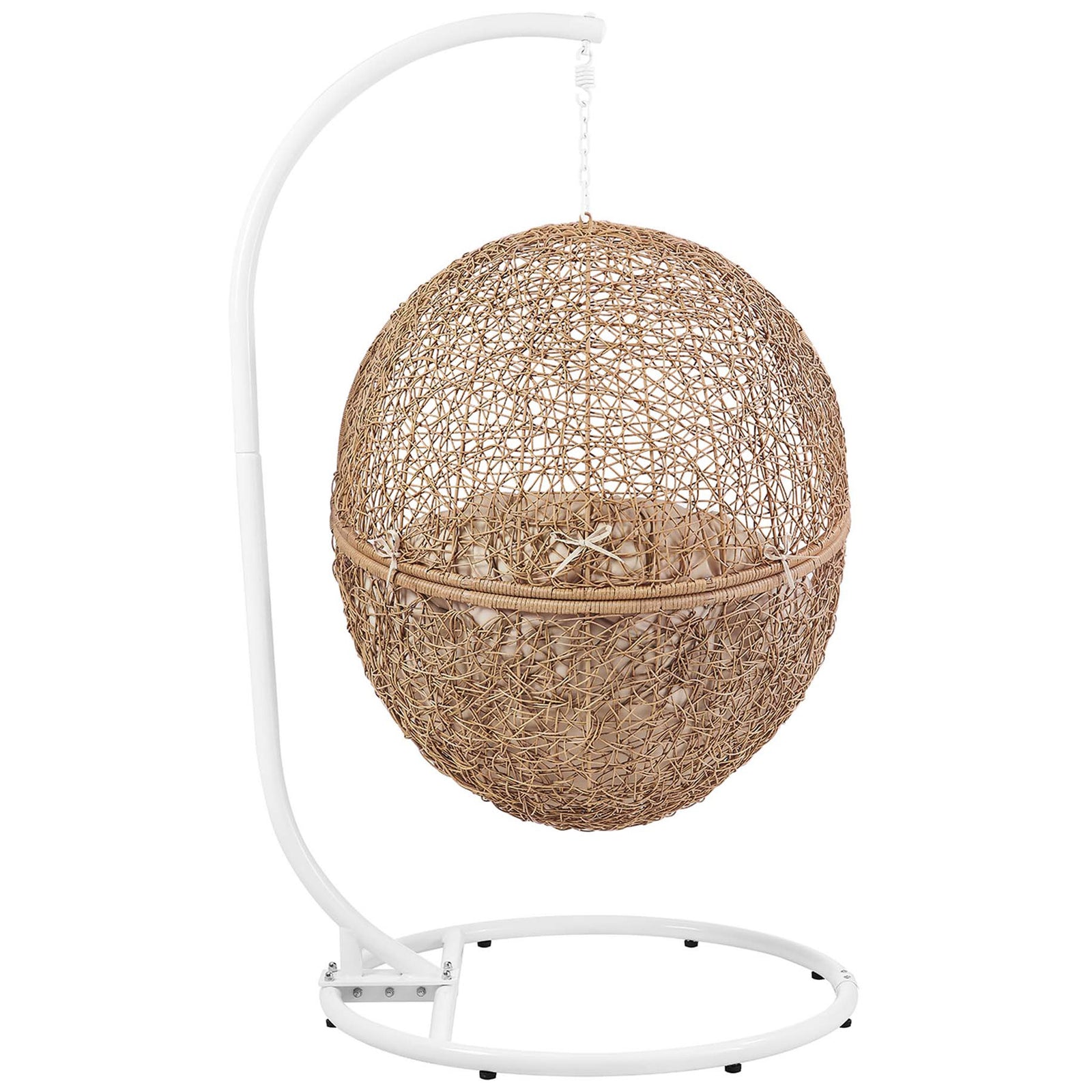 Fully woven cappuccino rattan sphere showcases the airy lattice design of this outdoor swing chair. || EEI-6262-CAP-BEI || back_studio