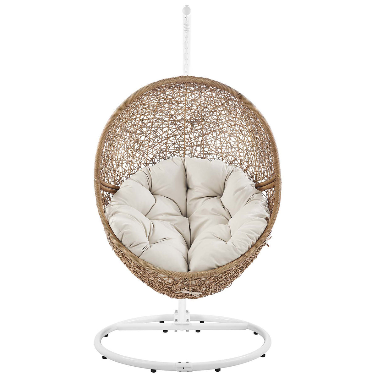 Cappuccino rattan swing chair with plush beige cushion and white steel base for relaxed lounging. || EEI-6262-CAP-BEI || front_studio