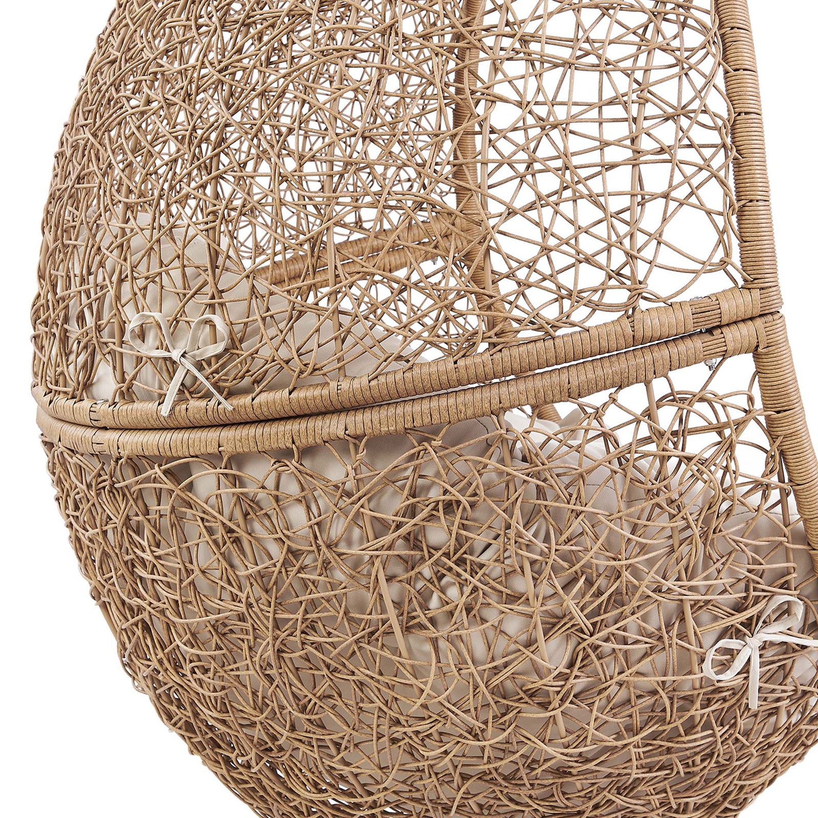 Synthetic rattan strands and neat white ties highlight the textural detail of the cappuccino basket frame. || EEI-6262-CAP-BEI || detail_studio
