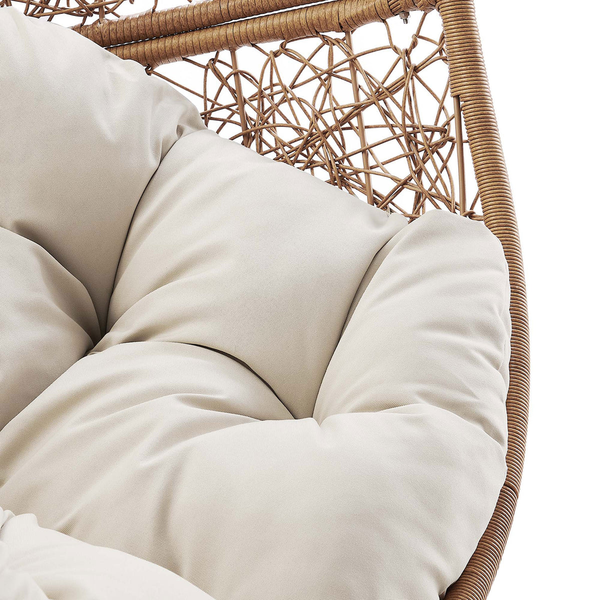 Tufted beige cushion with soft, weather resistant fabric adds inviting comfort to the swing chair. || EEI-6262-CAP-BEI || swatch_studio
