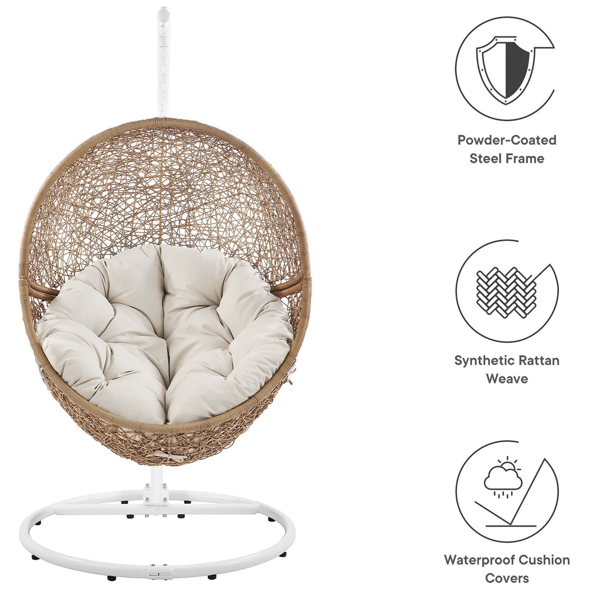 Feature highlights show the powder coated steel frame, synthetic rattan weave, and waterproof cushion cover. || EEI-6262-CAP-BEI || callout_studio