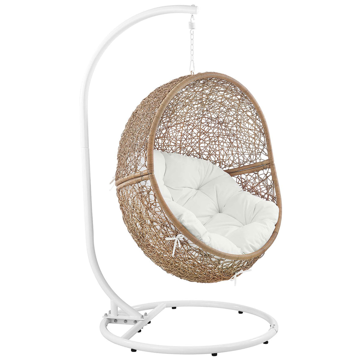 Open lattice cappuccino rattan egg chair cradles a lush white cushion on a minimal white swing stand. || EEI-6262-CAP-WHI || front_angle_studio