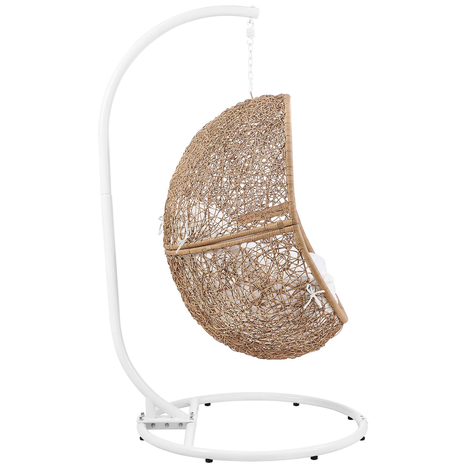 Graceful curved frame supports the cappuccino rattan basket and deep white cushion of this patio swing. || EEI-6262-CAP-WHI || side_studio
