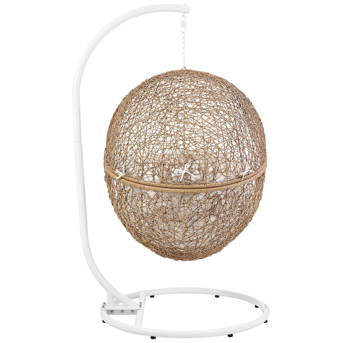 Cappuccino rattan shell forms a sculptural globe, emphasizing the airy weave of this hanging swing chair. || EEI-6262-CAP-WHI || back_studio