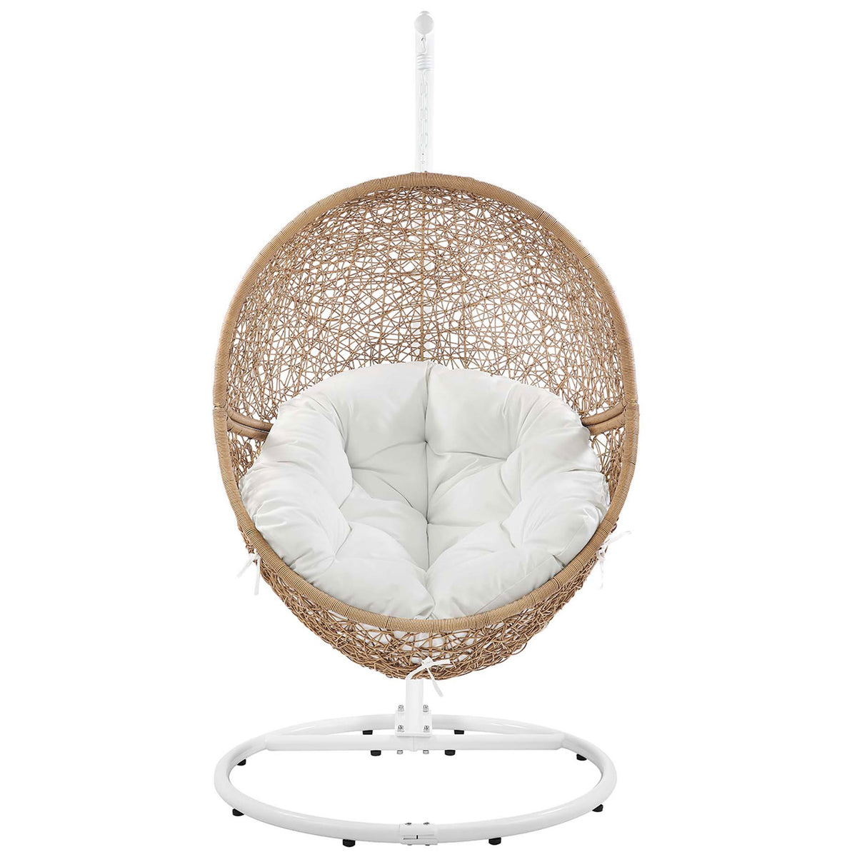 Cappuccino rattan swing chair with overstuffed white cushion and white steel base for outdoor lounging. || EEI-6262-CAP-WHI || front_studio