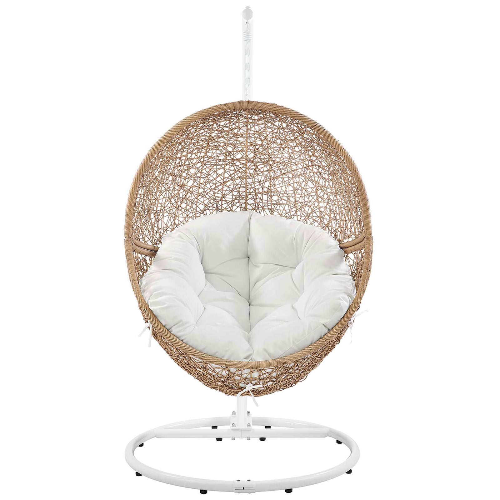 Cappuccino rattan swing chair with overstuffed white cushion and white steel base for outdoor lounging. || EEI-6262-CAP-WHI || front_studio
