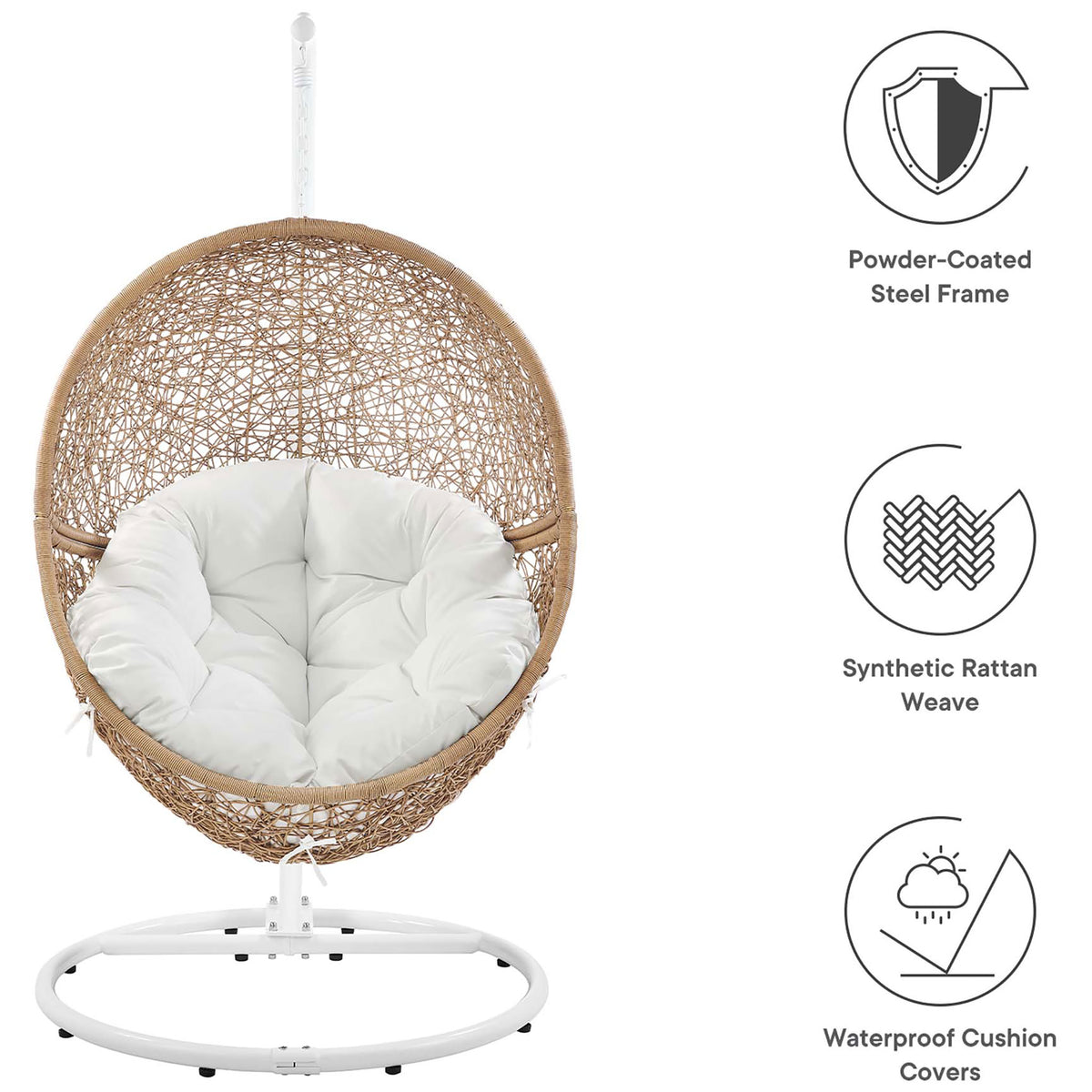 Feature icons highlight the powder coated steel frame, woven rattan shell, and waterproof white cushion. || EEI-6262-CAP-WHI || callout_studio