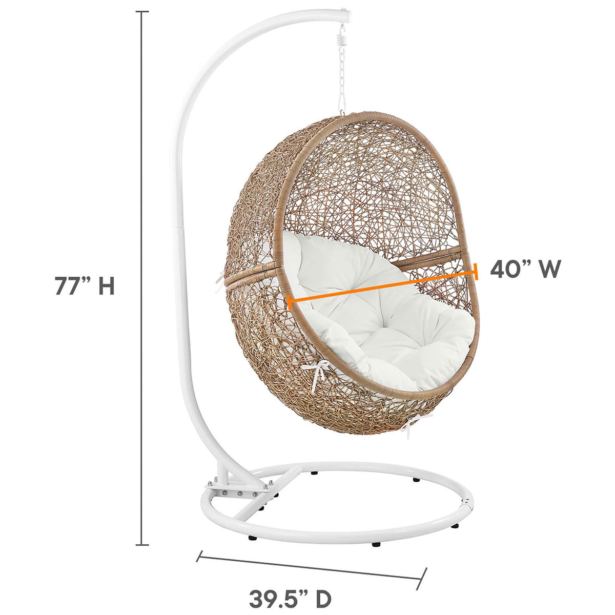 Sizing graphic shows the height, width, and depth of the cappuccino rattan swing chair with white cushion. || EEI-6262-CAP-WHI || dimension_studio