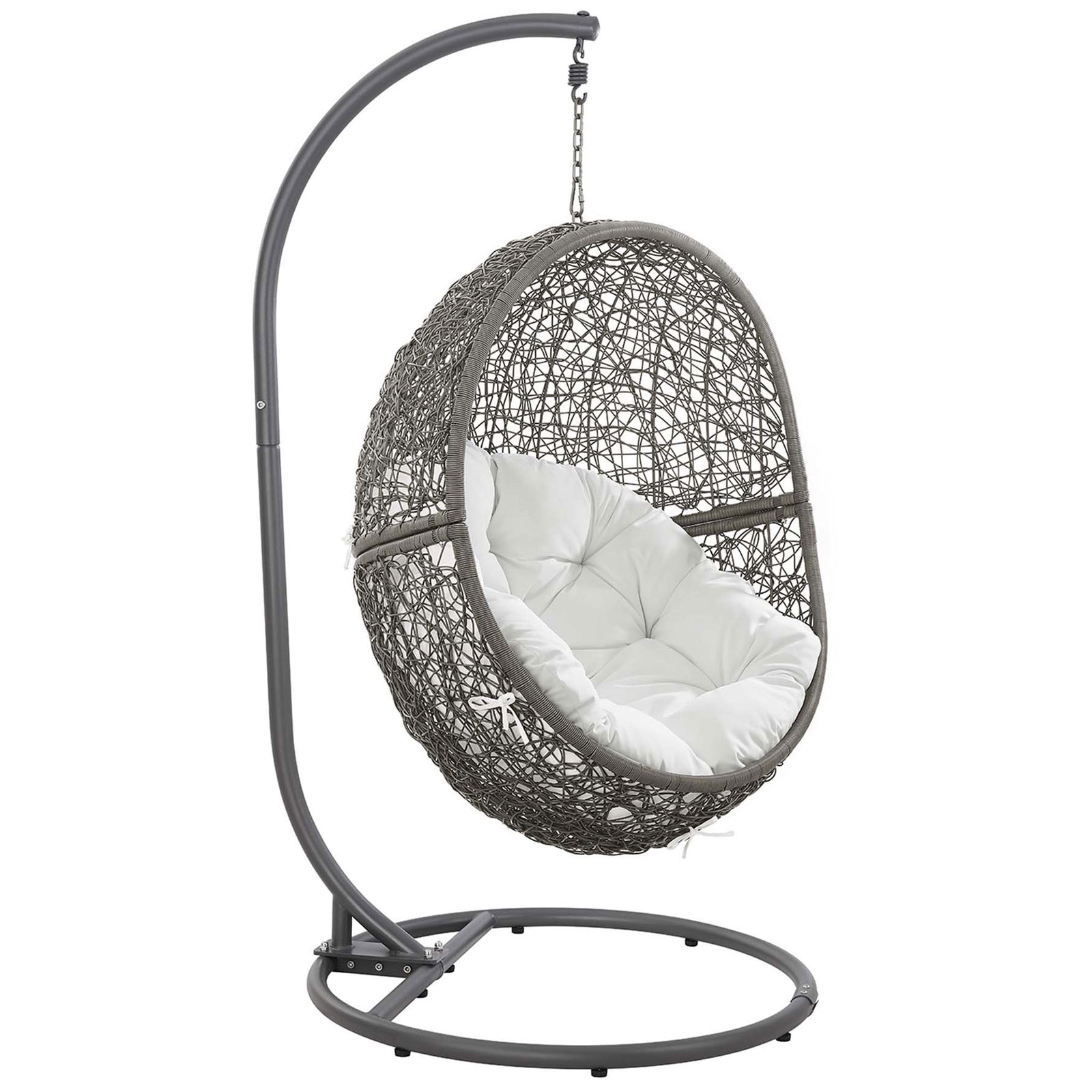 Open weave gray rattan egg chair cradles a plush white cushion on a sleek gray hanging stand. || EEI-6262-GRY-WHI || front_angle_studio