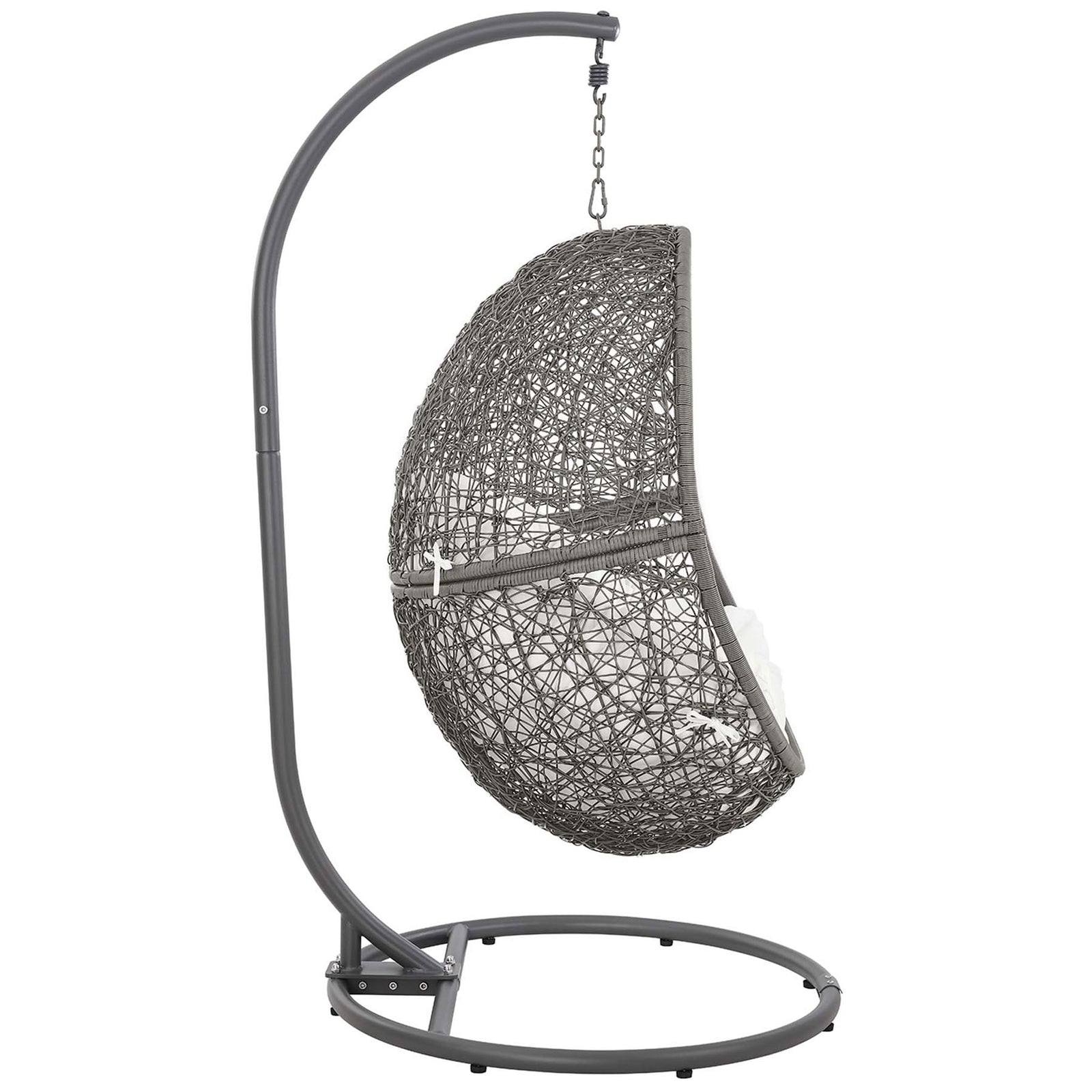 Curved gray frame supports the woven rattan basket and deep white cushion of this modern swing chair. || EEI-6262-GRY-WHI || side_studio