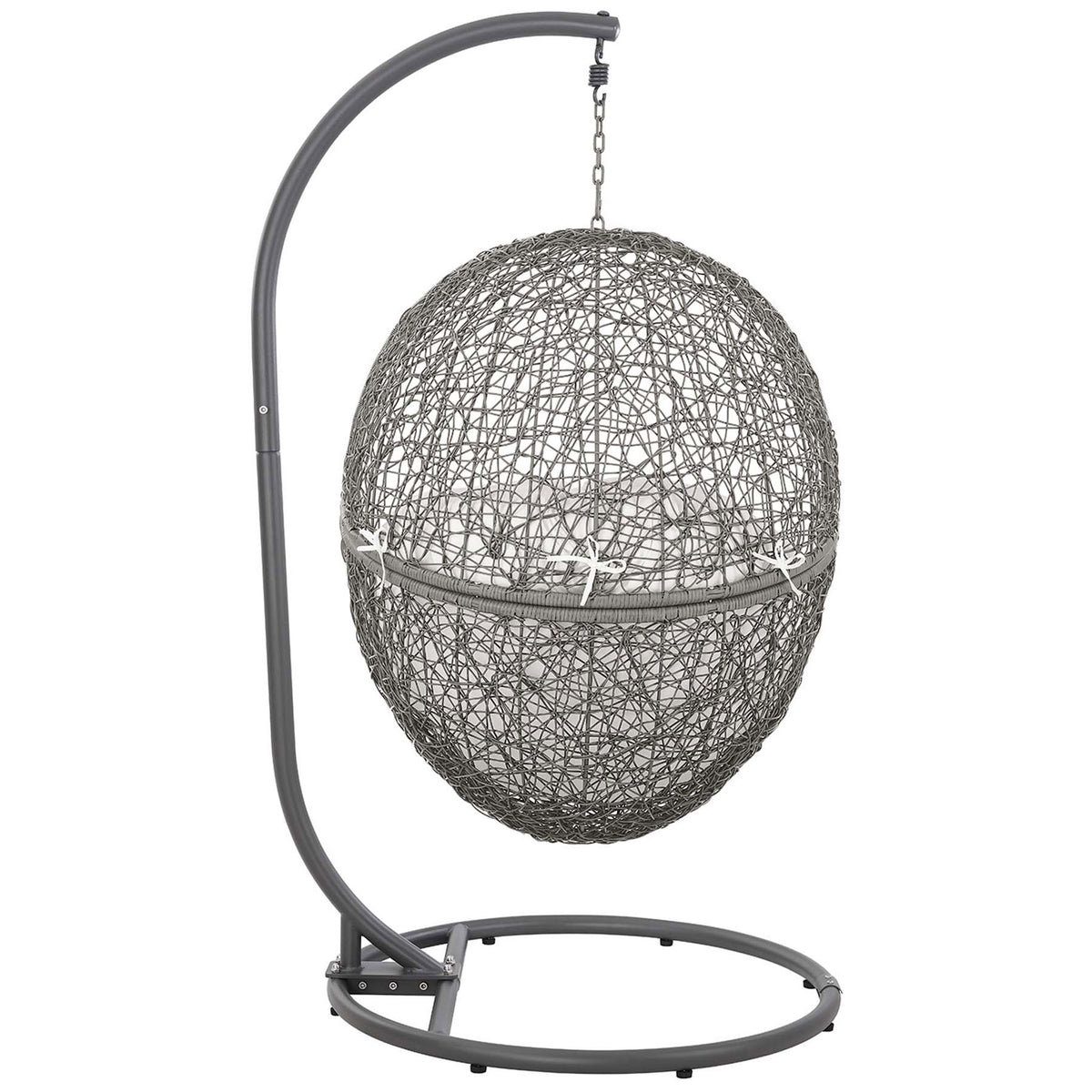 Dark gray rattan globe showcases the intricate lattice pattern of this contemporary hanging patio chair. || EEI-6262-GRY-WHI || back_studio