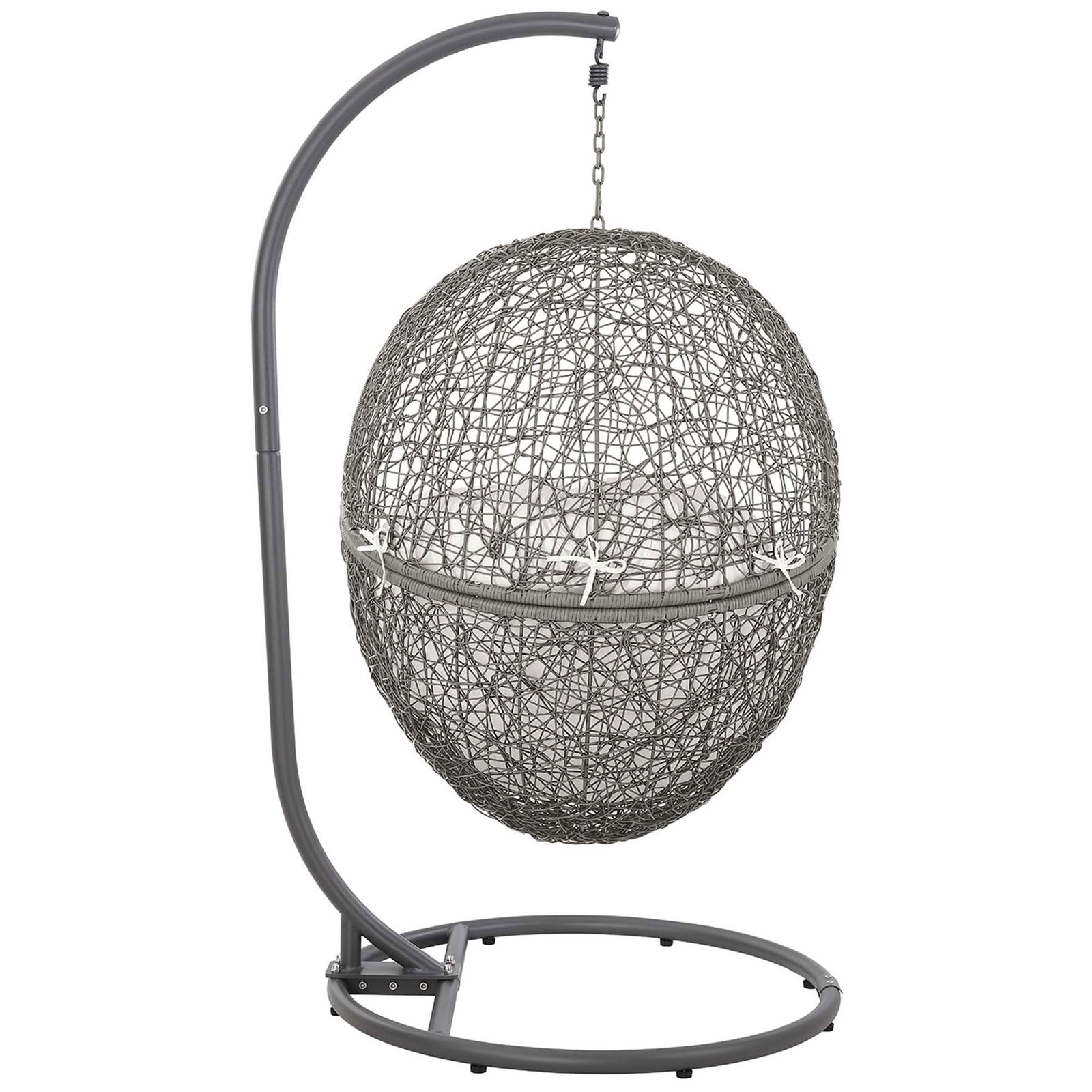 Dark gray rattan globe showcases the intricate lattice pattern of this contemporary hanging patio chair. || EEI-6262-GRY-WHI || back_studio