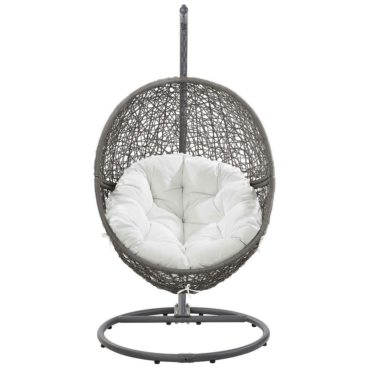 Gray rattan swing chair with overstuffed white cushion and matching gray steel base for outdoor relaxation. || EEI-6262-GRY-WHI || front_studio