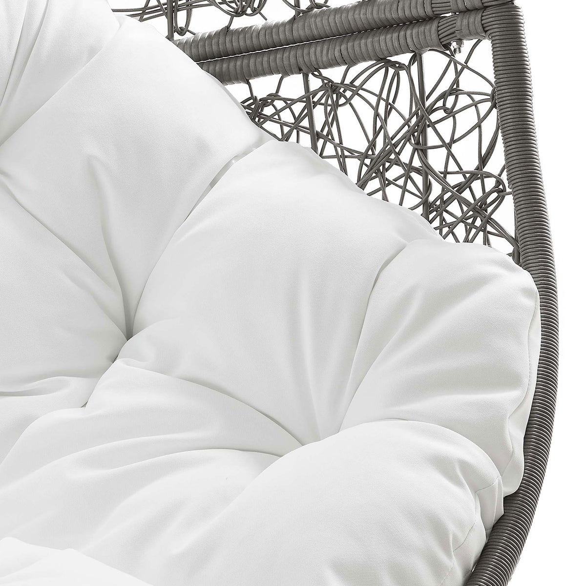 Plush white tufted cushion fabric contrasts beautifully with the cool gray rattan egg chair. || EEI-6262-GRY-WHI || swatch_studio