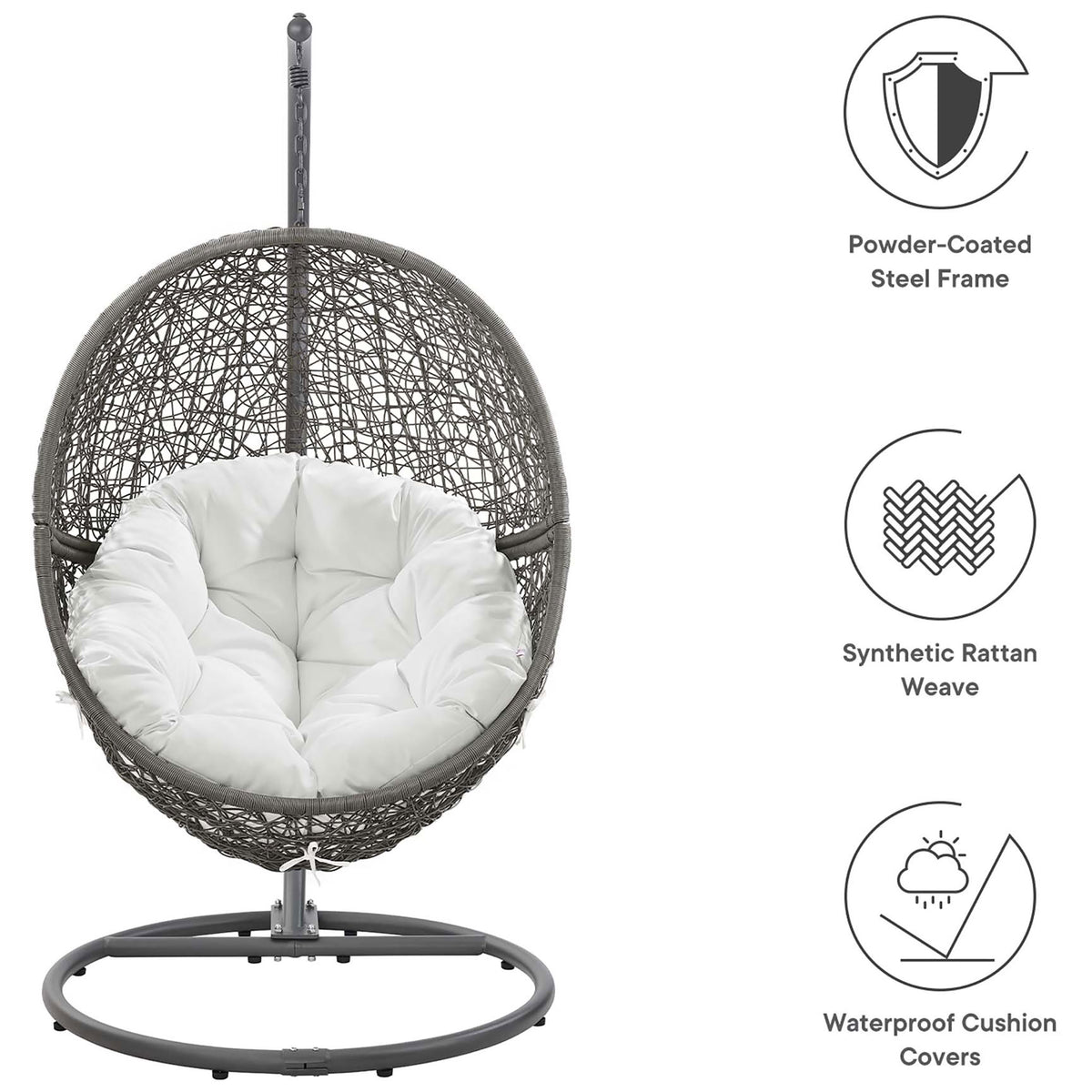 Graphic highlights the powder coated gray frame, synthetic rattan weave, and waterproof white cushion. || EEI-6262-GRY-WHI || callout_studio