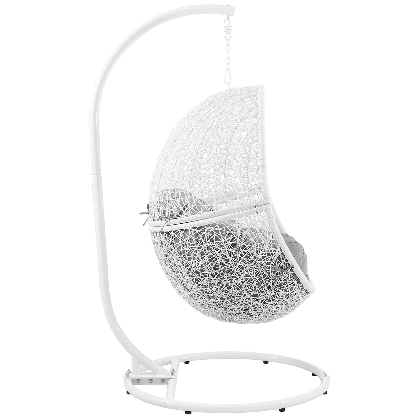 Curved white frame supports the open rattan basket and generous gray cushion of this hanging chair. || EEI-6262-WHI-GRY || side_studio