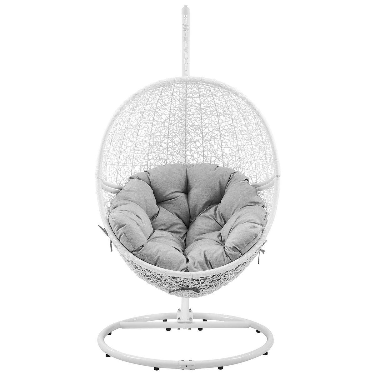 White rattan swing chair with deep gray cushion and matching white steel base for serene outdoor lounging. || EEI-6262-WHI-GRY || front_studio