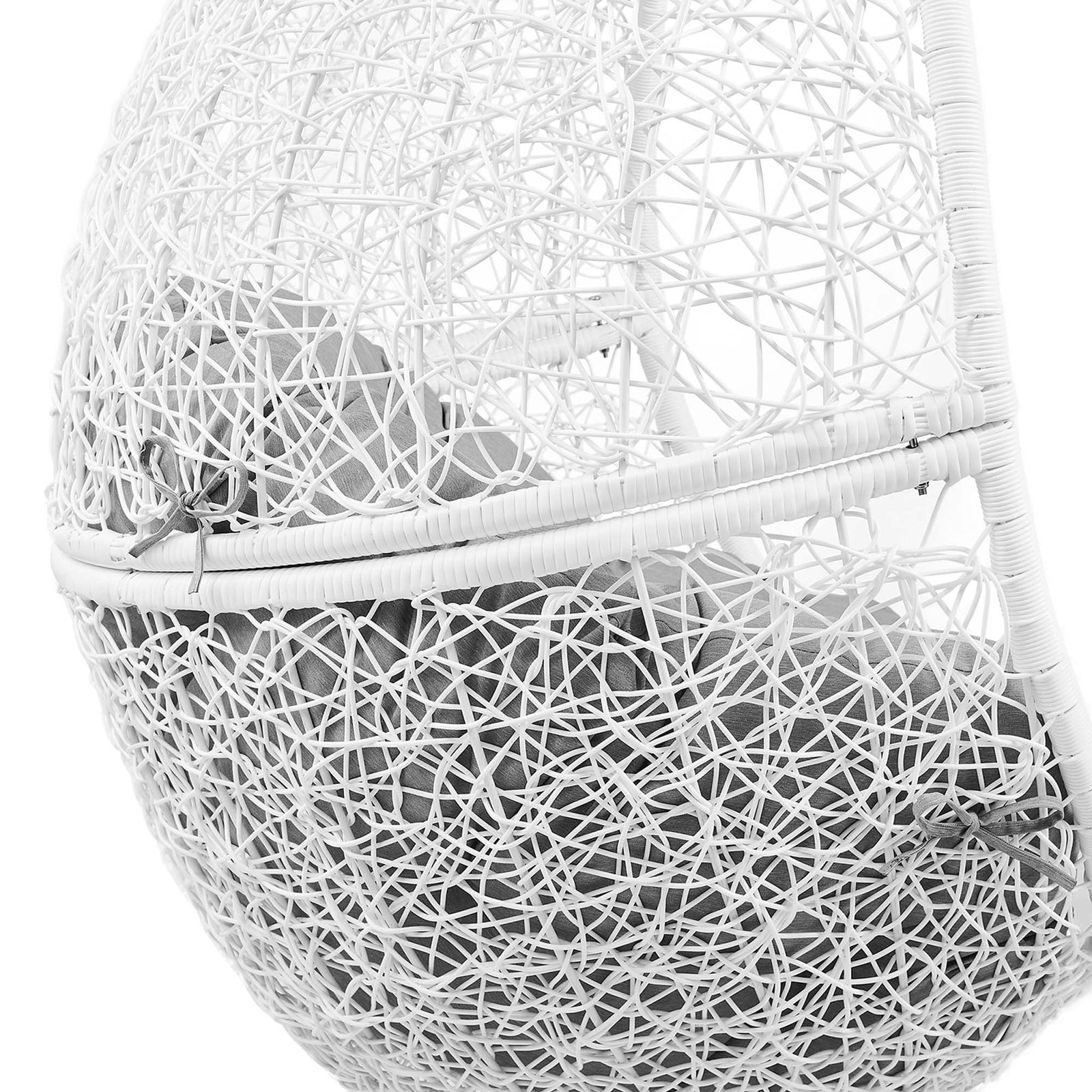 Dense white rattan lattice with gray cushion ties adds crisp texture to the rounded basket design. || EEI-6262-WHI-GRY || detail_studio