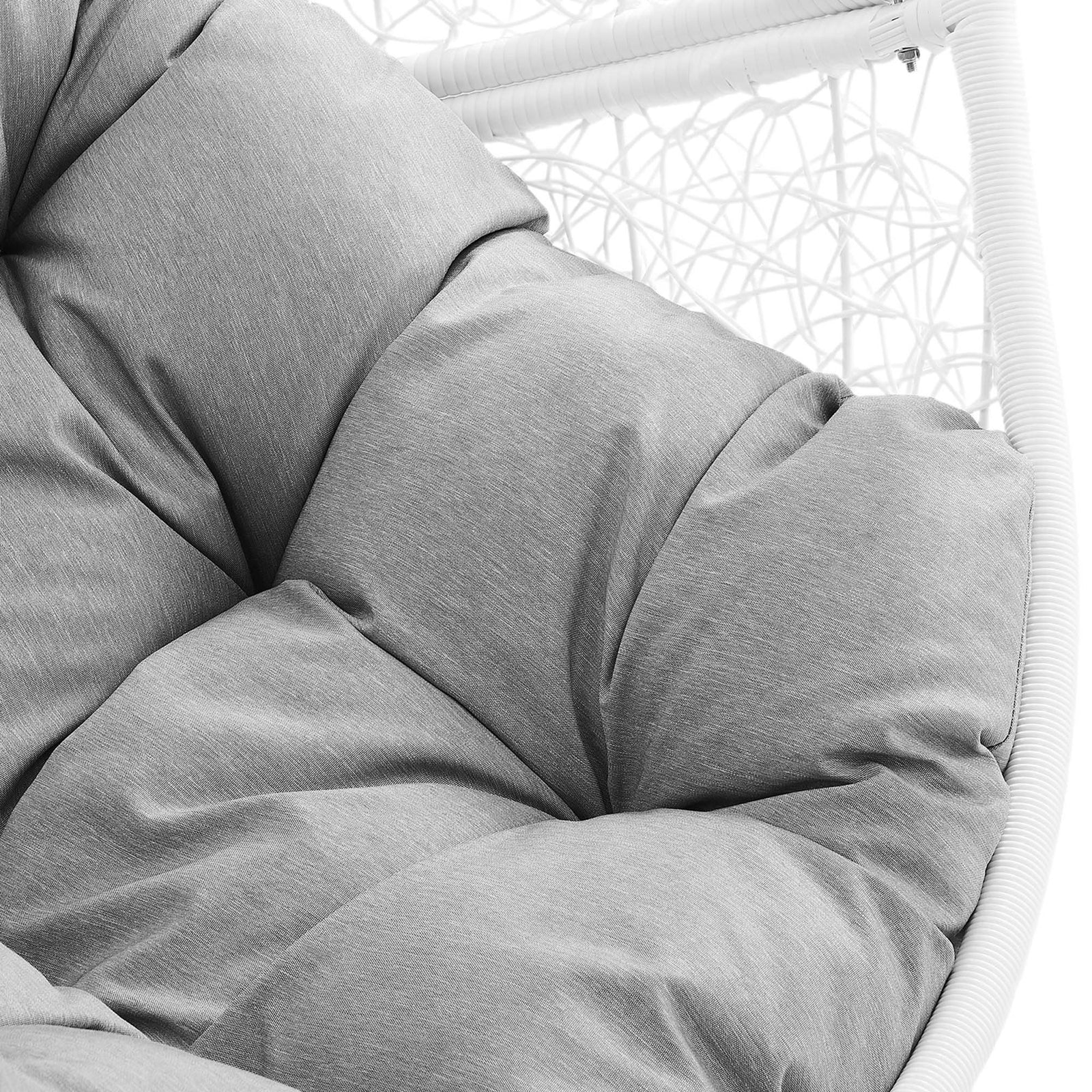 Soft gray tufted cushion fabric offers inviting support against the bright white rattan basket. || EEI-6262-WHI-GRY || swatch_studio