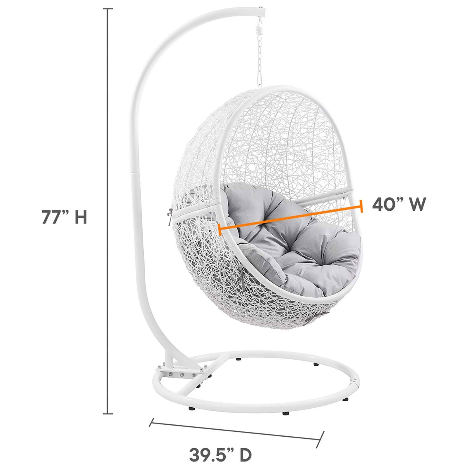 Measurement graphic shows the overall height, width, and depth of the white rattan swing chair. || EEI-6262-WHI-GRY || dimension_studio
