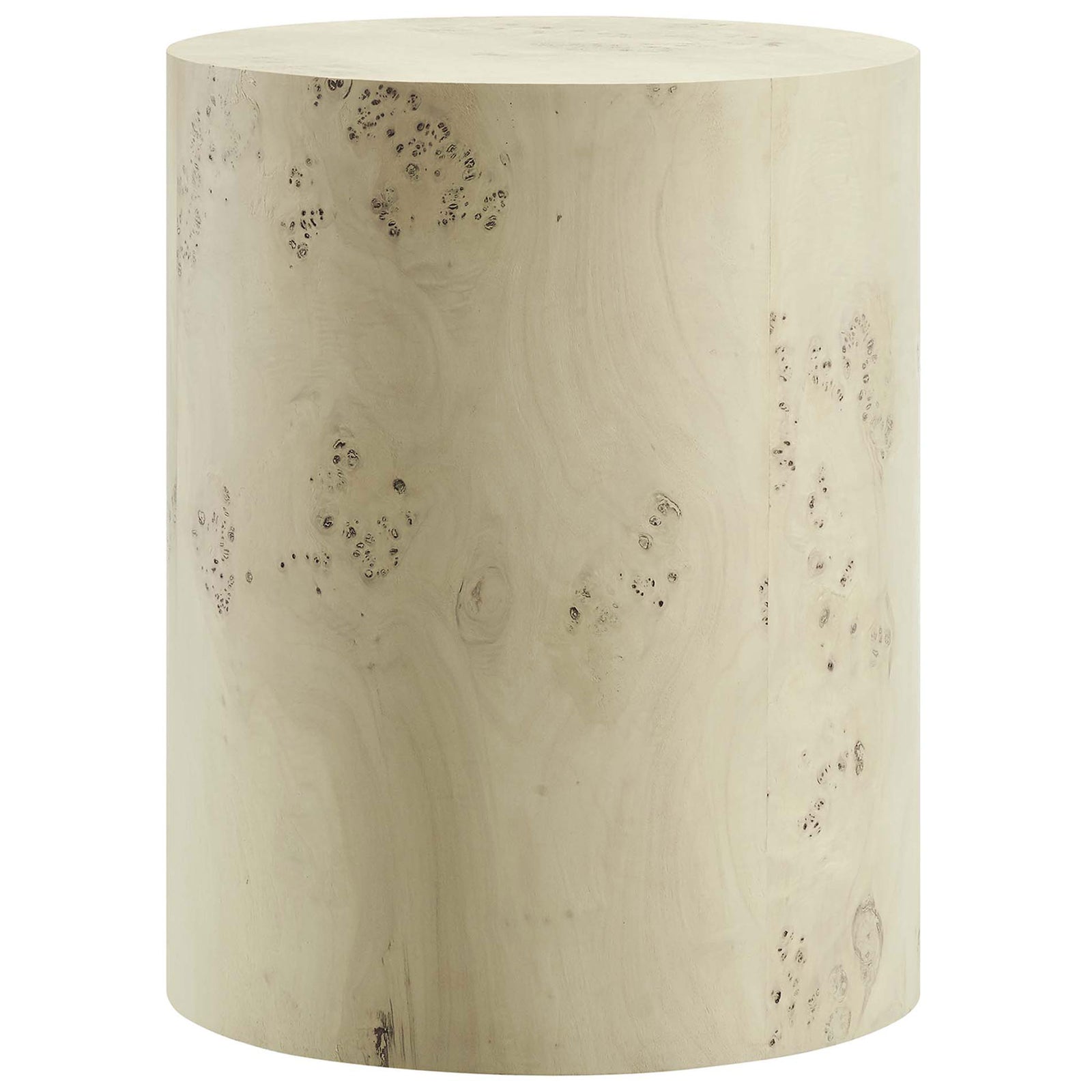 Sleek cylindrical bleached burl wood side table with smooth profile and natural burl grain accents || EEI-6271-BLB || front_studio