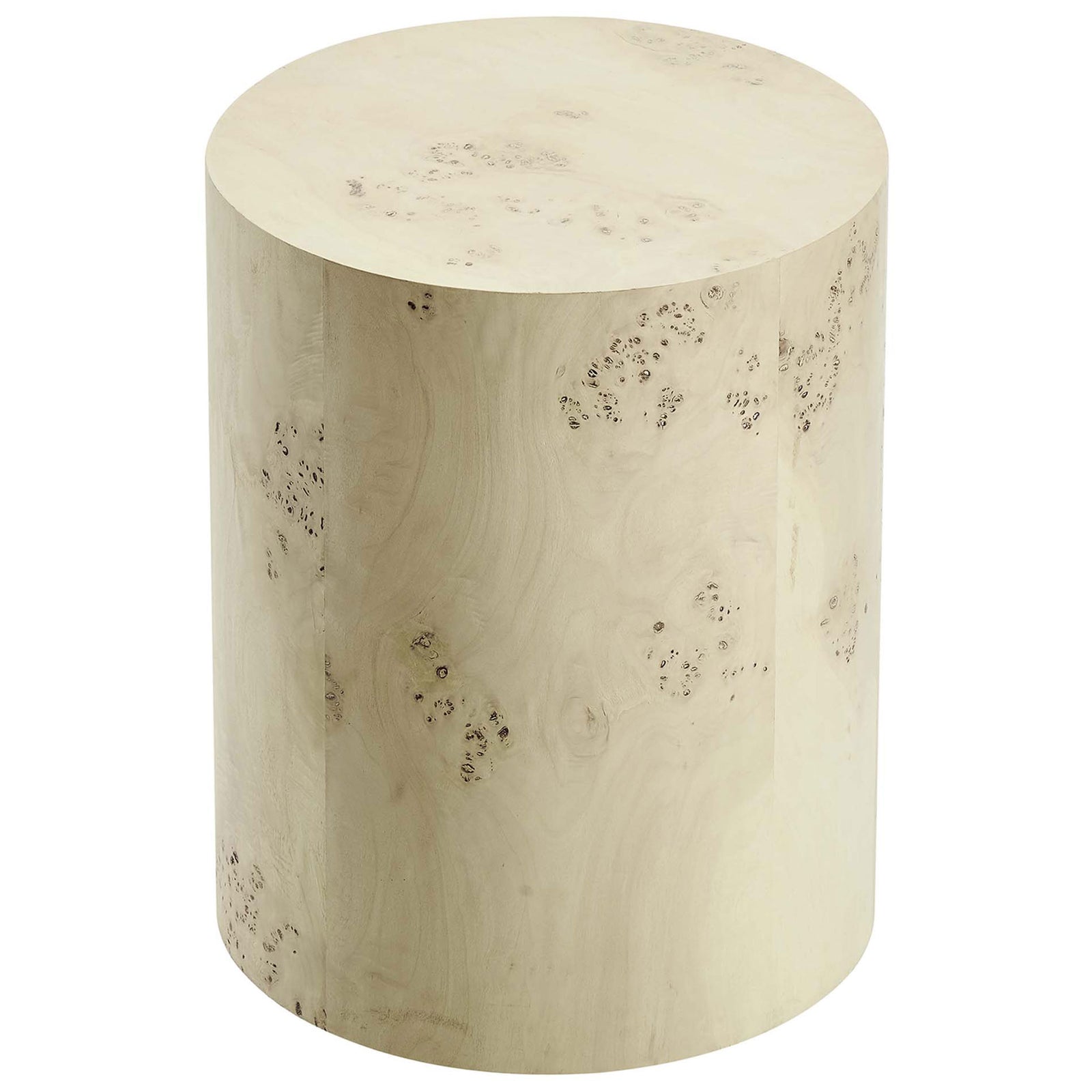 Round bleached burl wood side table highlighting its modern drum shape and organic burl pattern || EEI-6271-BLB || front_angle_studio