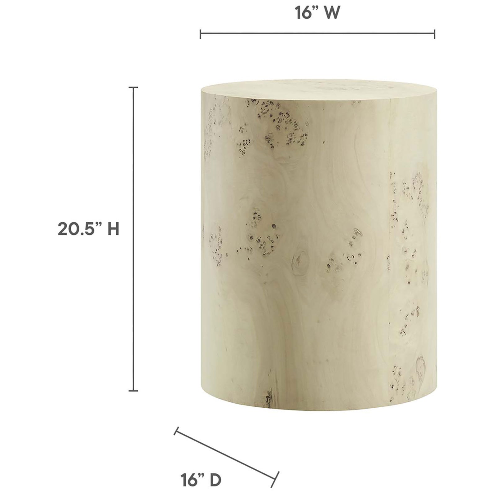Dimension diagram of the round burl side table showing 16 inch width, 16 inch depth, and 20.5 inch height || EEI-6271-BLB || dimension_studio