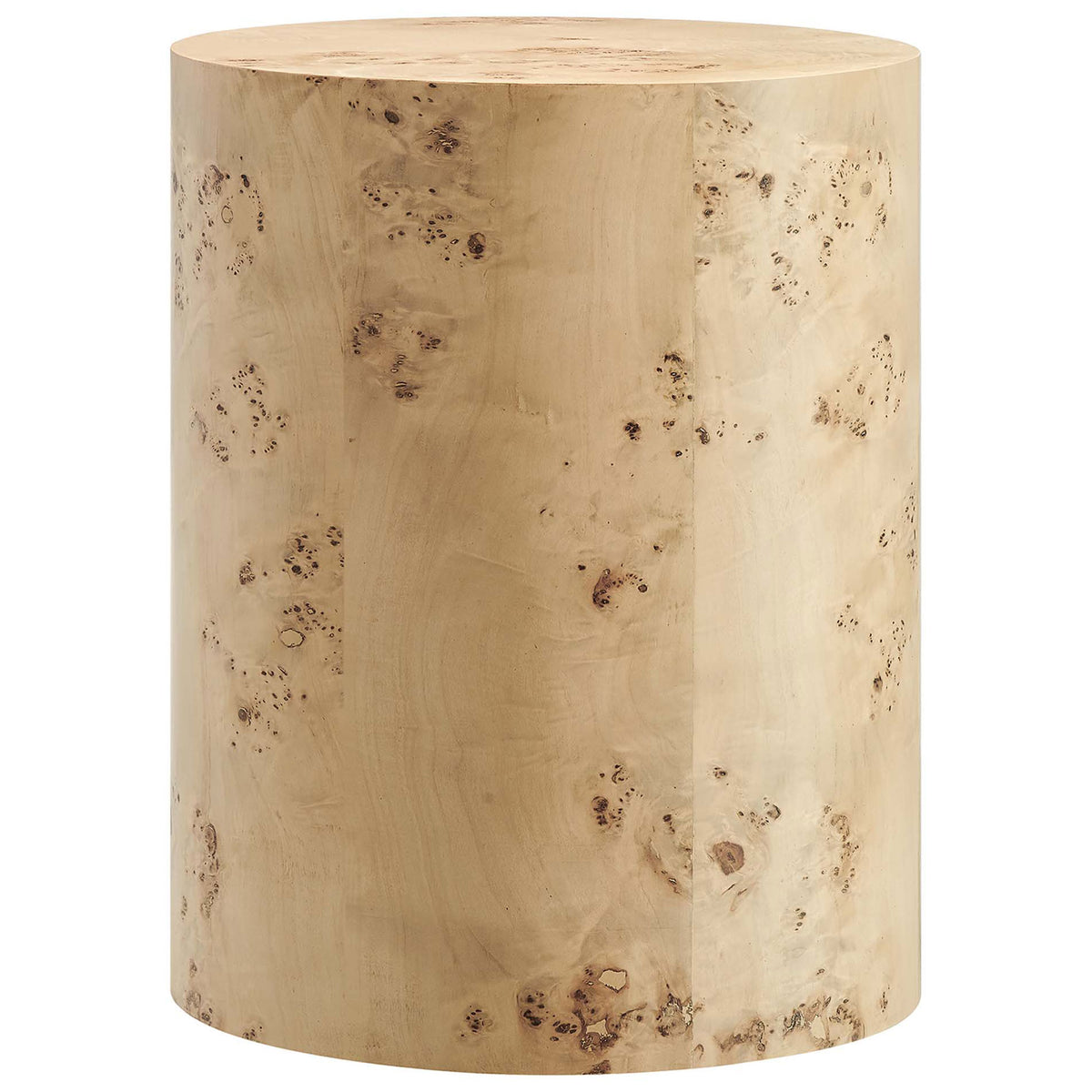 Natural burl wood round side table with smooth cylindrical silhouette and rich organic grain. || EEI-6271-NAB || front_angle_studio