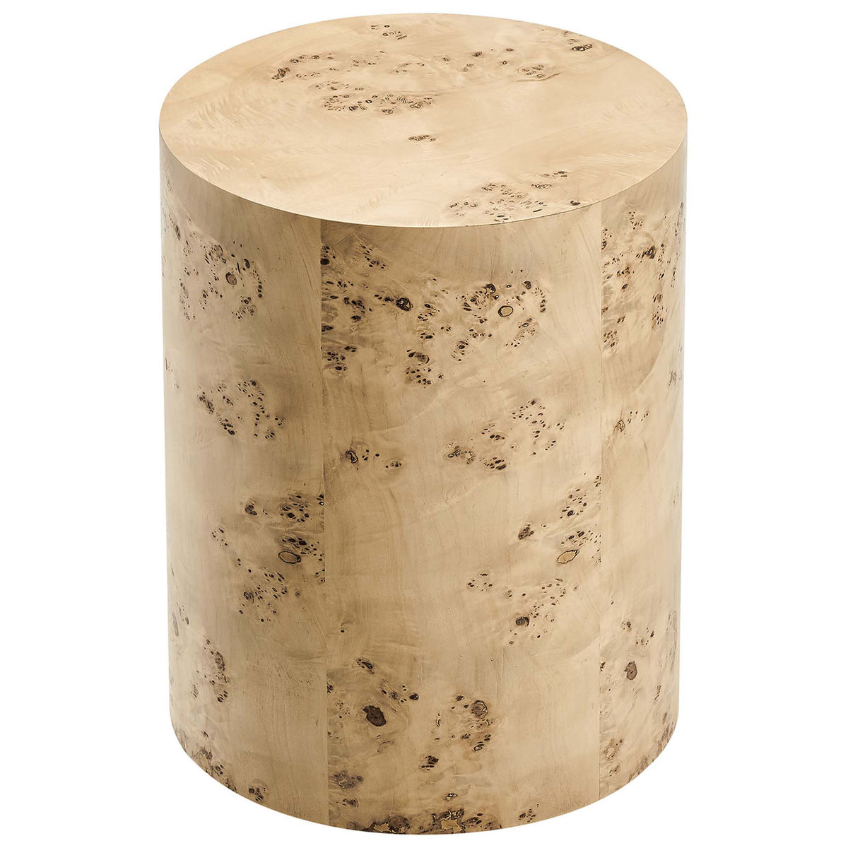 Burl wood cylinder side table showcasing the rounded top and seamless veneer pattern. || EEI-6271-NAB || top_angle_studio