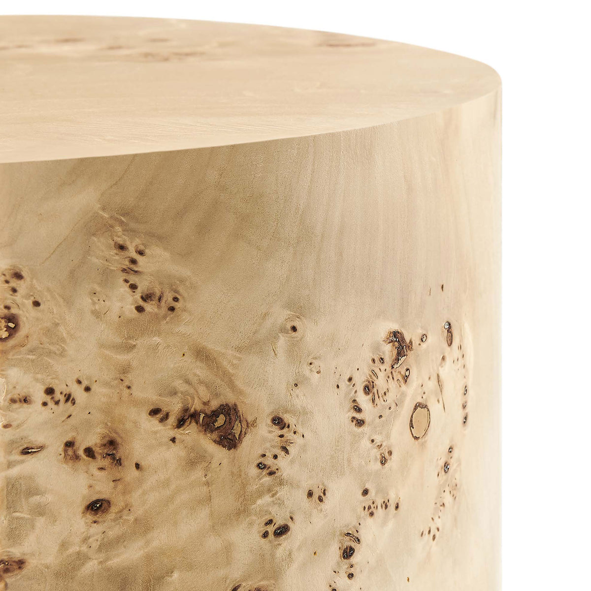 Burl wood veneer surface highlighting unique knots, burls, and smooth satin finish. || EEI-6271-NAB || detail_studio