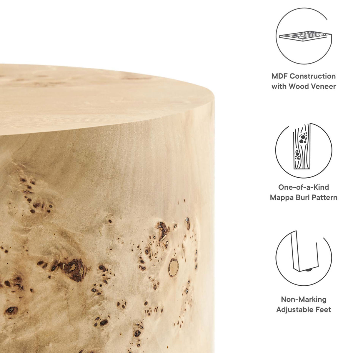 Side table edge with burl wood detail, featuring MDF core, real wood veneer, and adjustable feet callouts. || EEI-6271-NAB || callout_studio