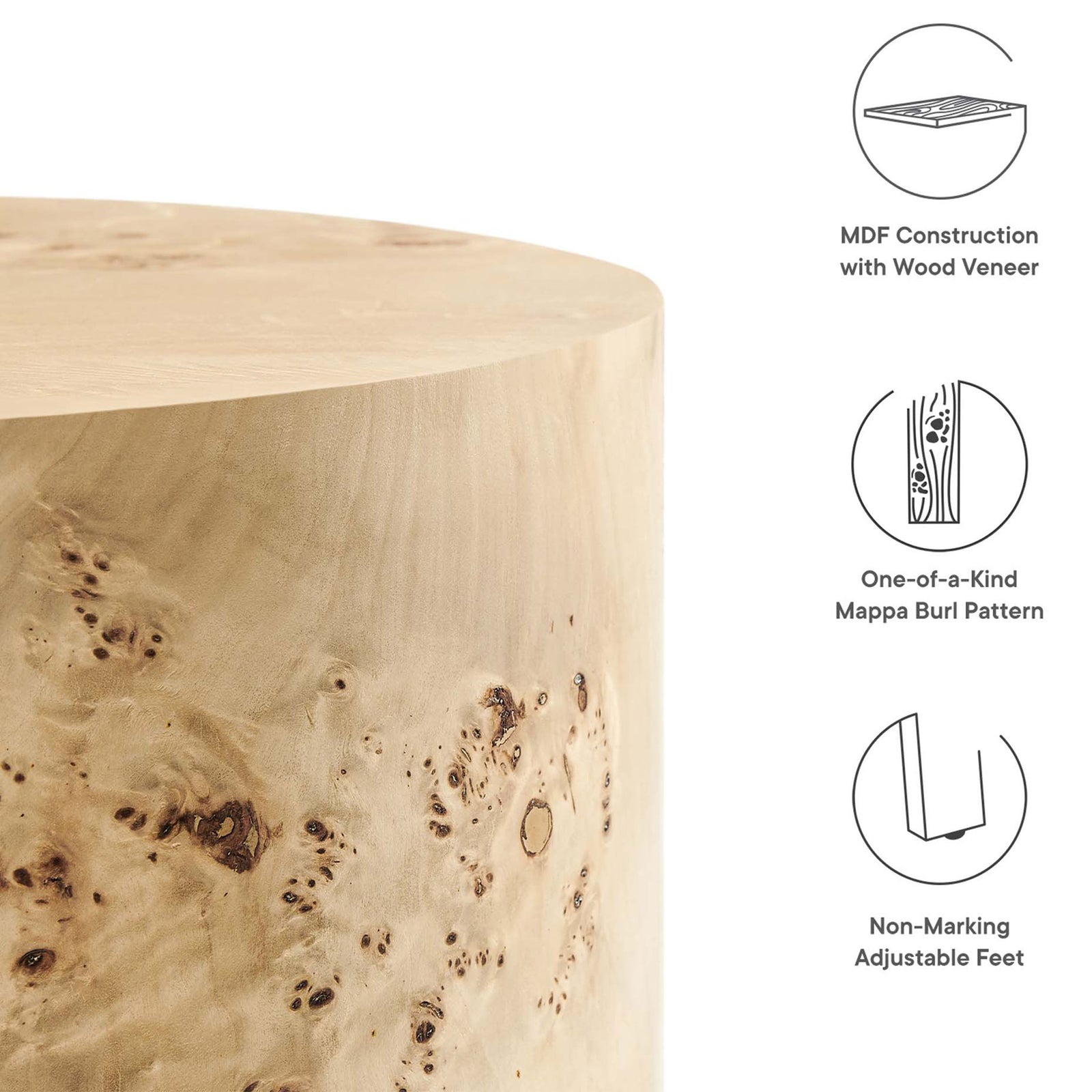 Side table edge with burl wood detail, featuring MDF core, real wood veneer, and adjustable feet callouts. || EEI-6271-NAB || callout_studio