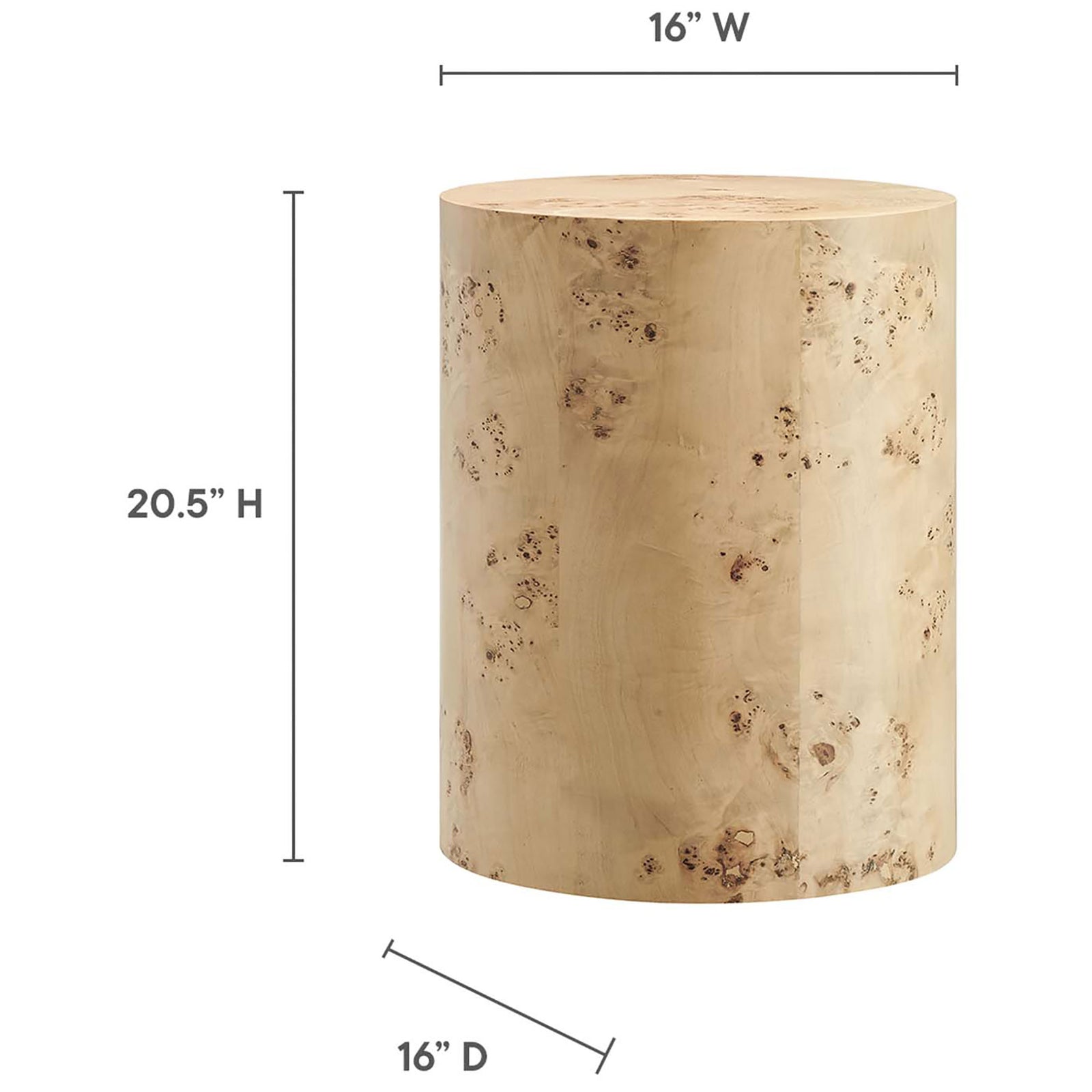 Round burl wood side table with height, width, and depth dimensions shown for easy planning. || EEI-6271-NAB || dimension_studio