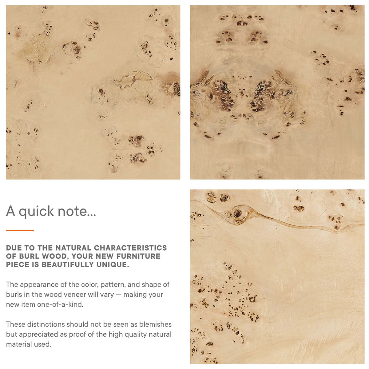 Burl wood veneer panels emphasizing natural variation in color, pattern, and burl markings. || EEI-6271-NAB || callout_studio