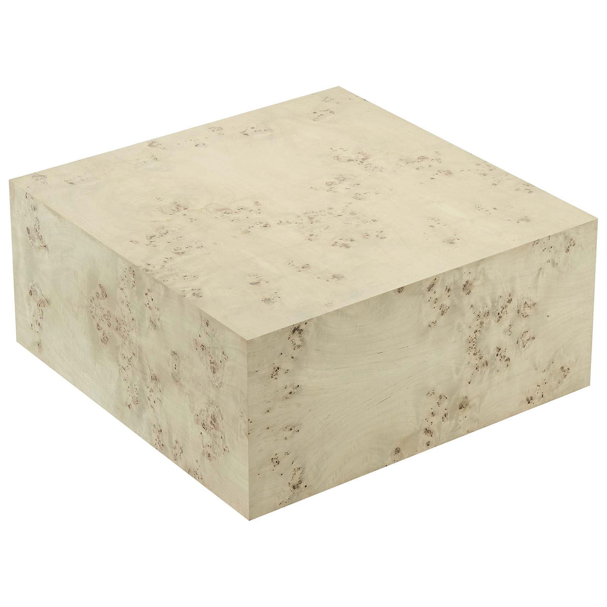 Spacious square tabletop highlights the unique swirls and knots of bleached burl wood veneer || EEI-6272-BLB || top_angle_studio