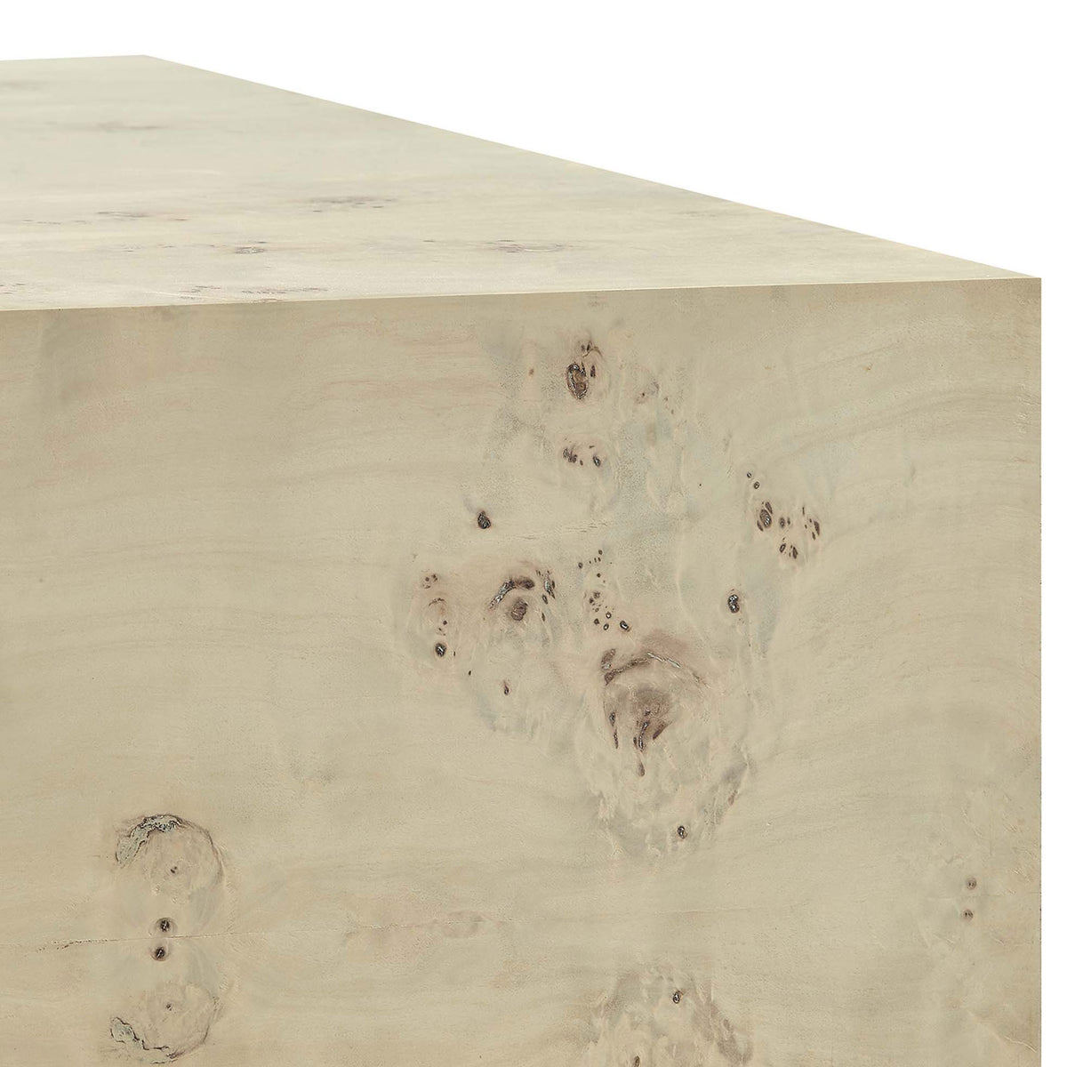 Rich burl grain and seamless edges emphasize the table's artisanal wood veneer character || EEI-6272-BLB || detail_studio