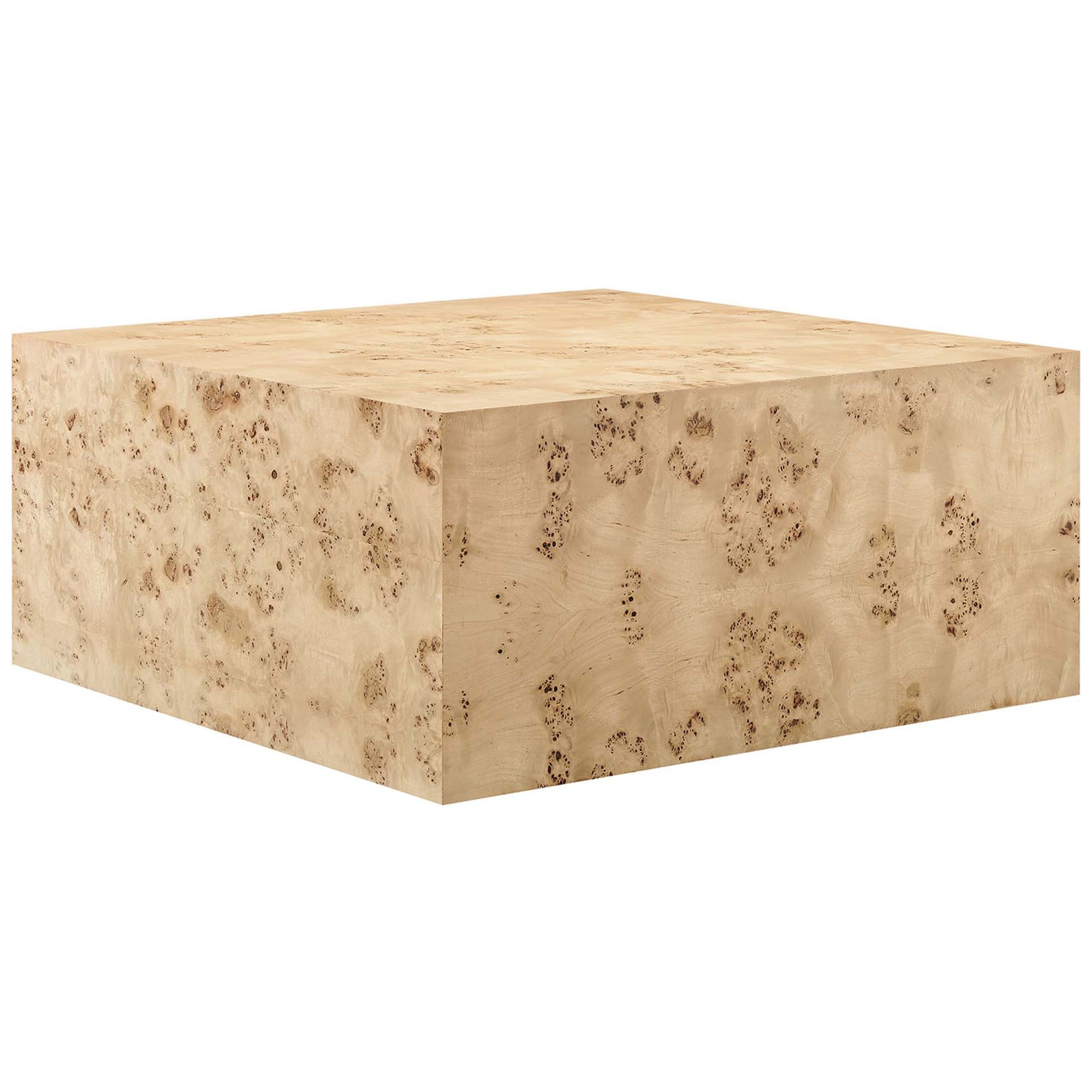 Square coffee table wrapped in natural burl veneer with a smooth, seamless block silhouette || EEI-6272-NAB || front_angle_studio