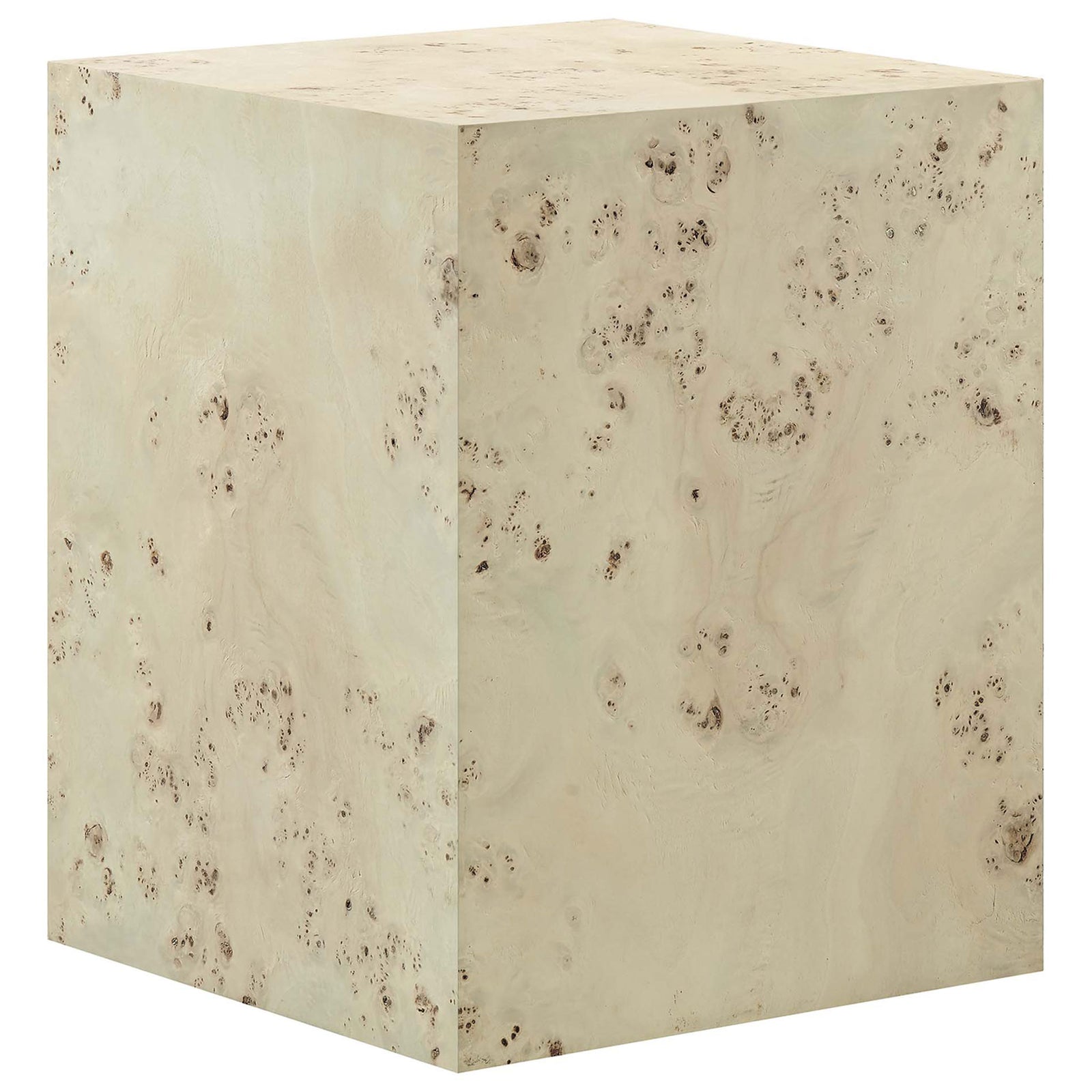 Bleached burl cube side table showcases its swirling wood grain and crisp modern lines || EEI-6273-BLB || front_angle_studio