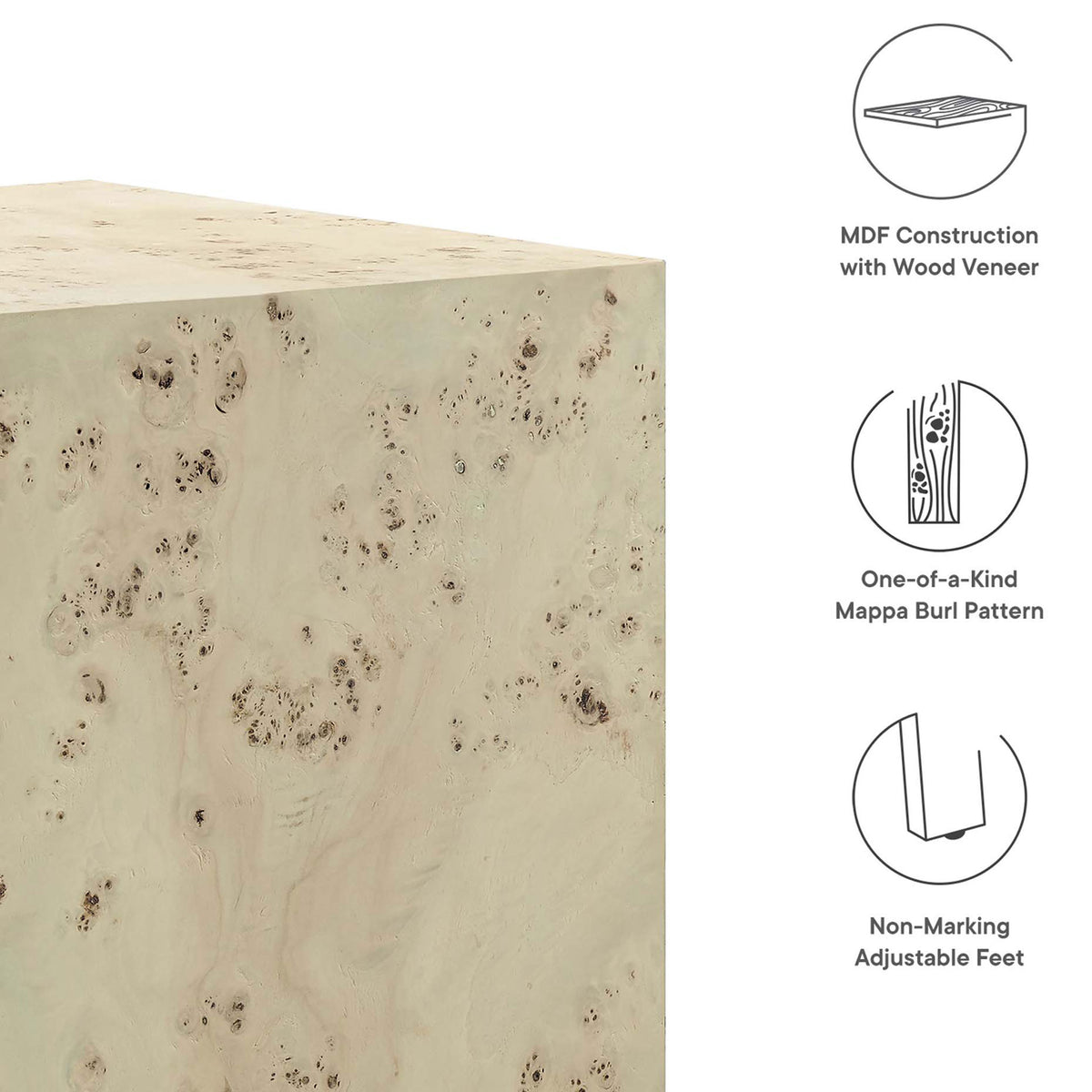 Diagram showcases MDF construction, one-of-a-kind burl pattern, and non-marking adjustable feet || EEI-6273-BLB || callout_studio