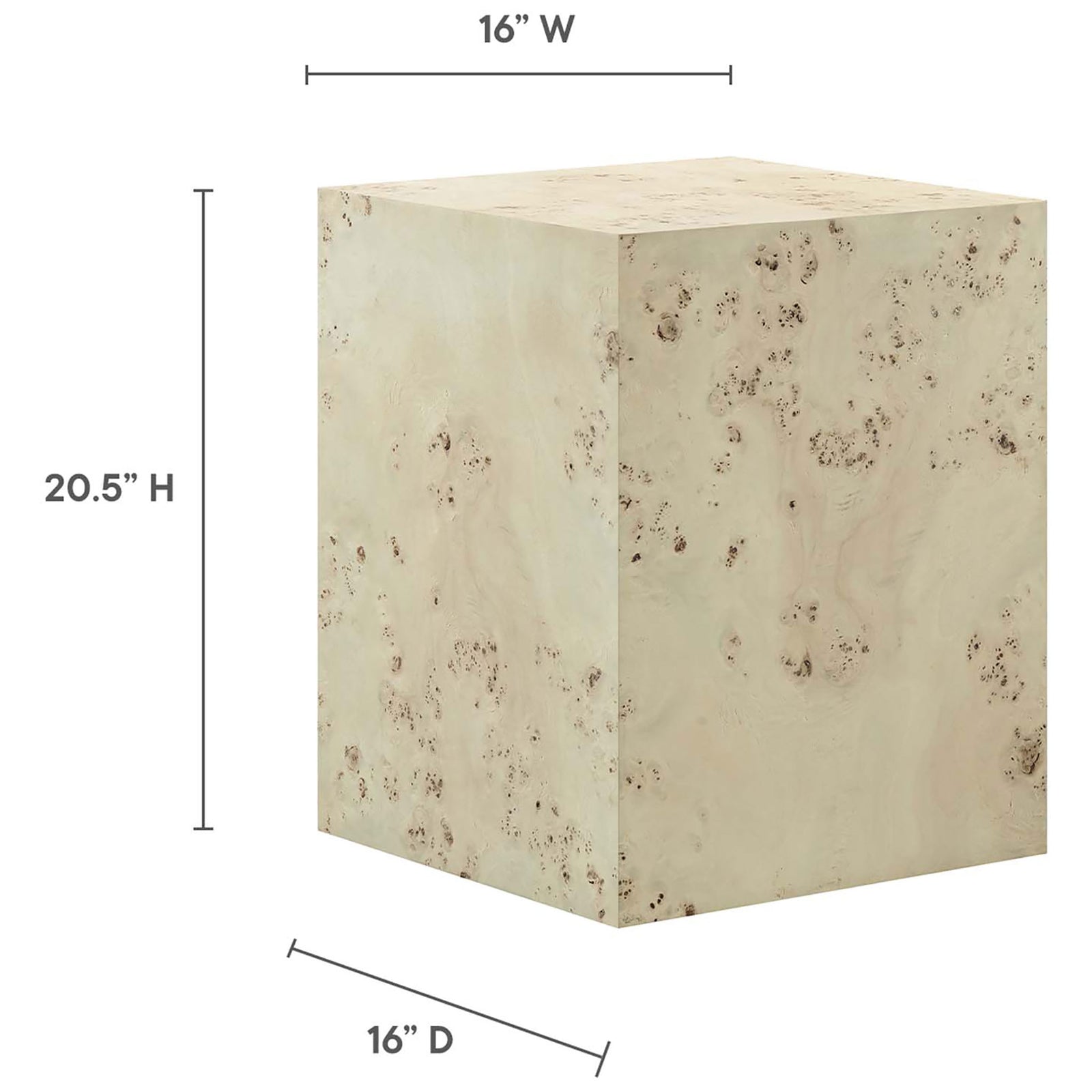 Dimension graphic displays the 16 inch square top and 20.5 inch height of the burl side table || EEI-6273-BLB || dimension_studio