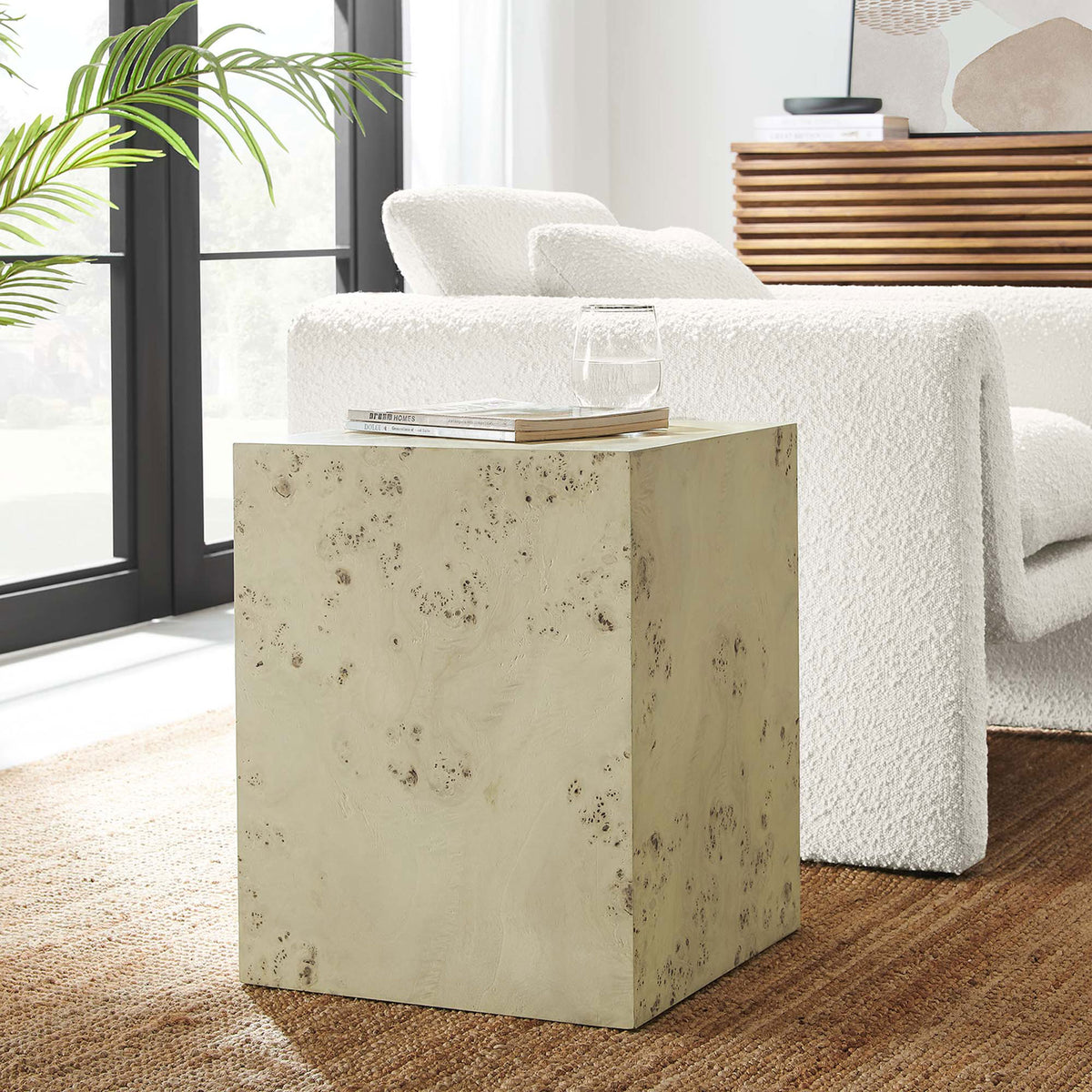 Bleached burl side table anchors a bright living room, pairing effortlessly with modern neutral decor || EEI-6273-BLB || front_angle_room