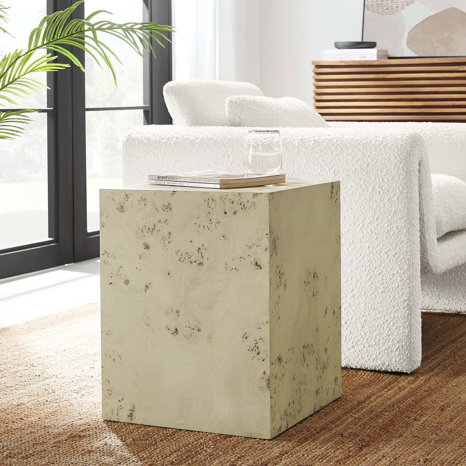 Bleached burl side table anchors a bright living room, pairing effortlessly with modern neutral decor || EEI-6273-BLB || front_angle_room