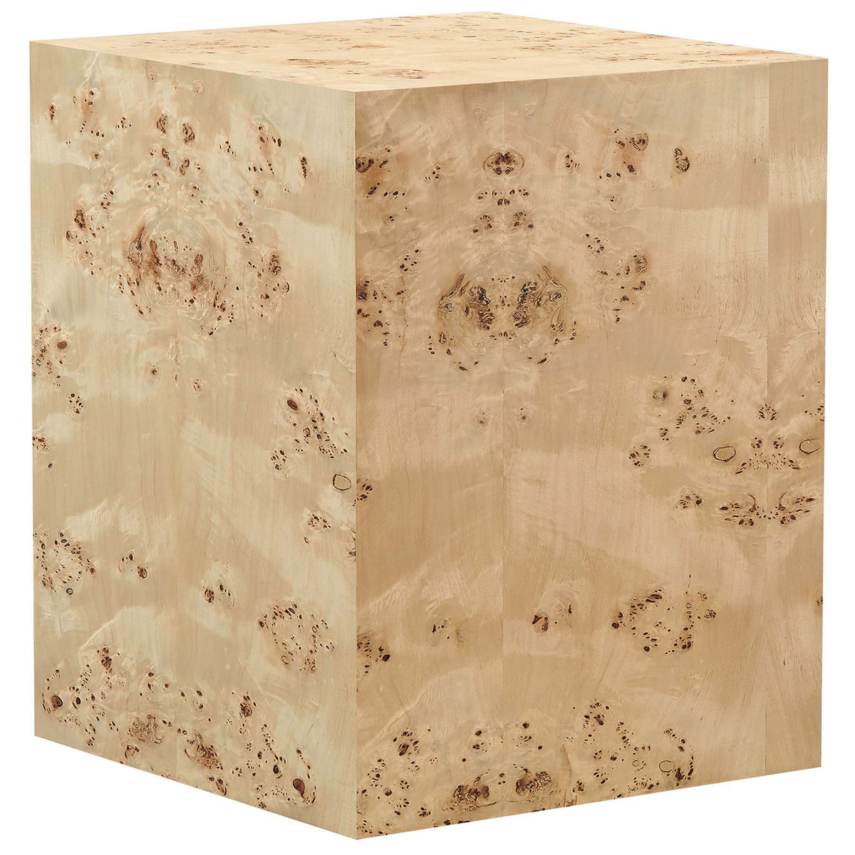 Cosmos burl wood side table showcasing clean block silhouette and continuous burl pattern wrapping the sides || EEI-6273-NAB || front_angle_studio